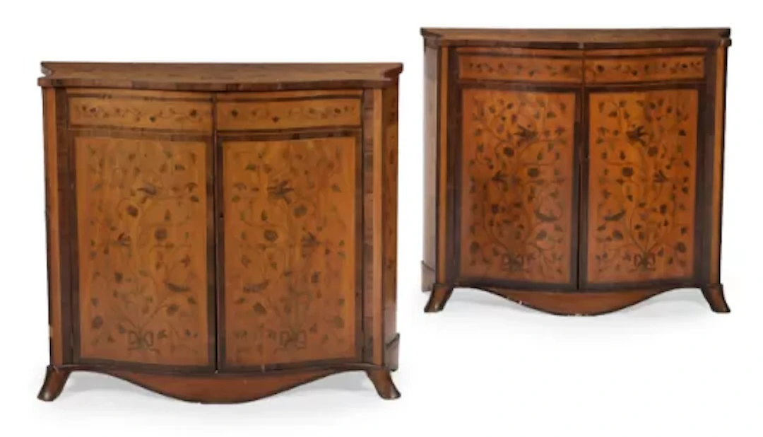 Y A PAIR OF GEORGE III SATINWOOD, SPECIMEN MARQUETRY AND PENWORK DECORATED
