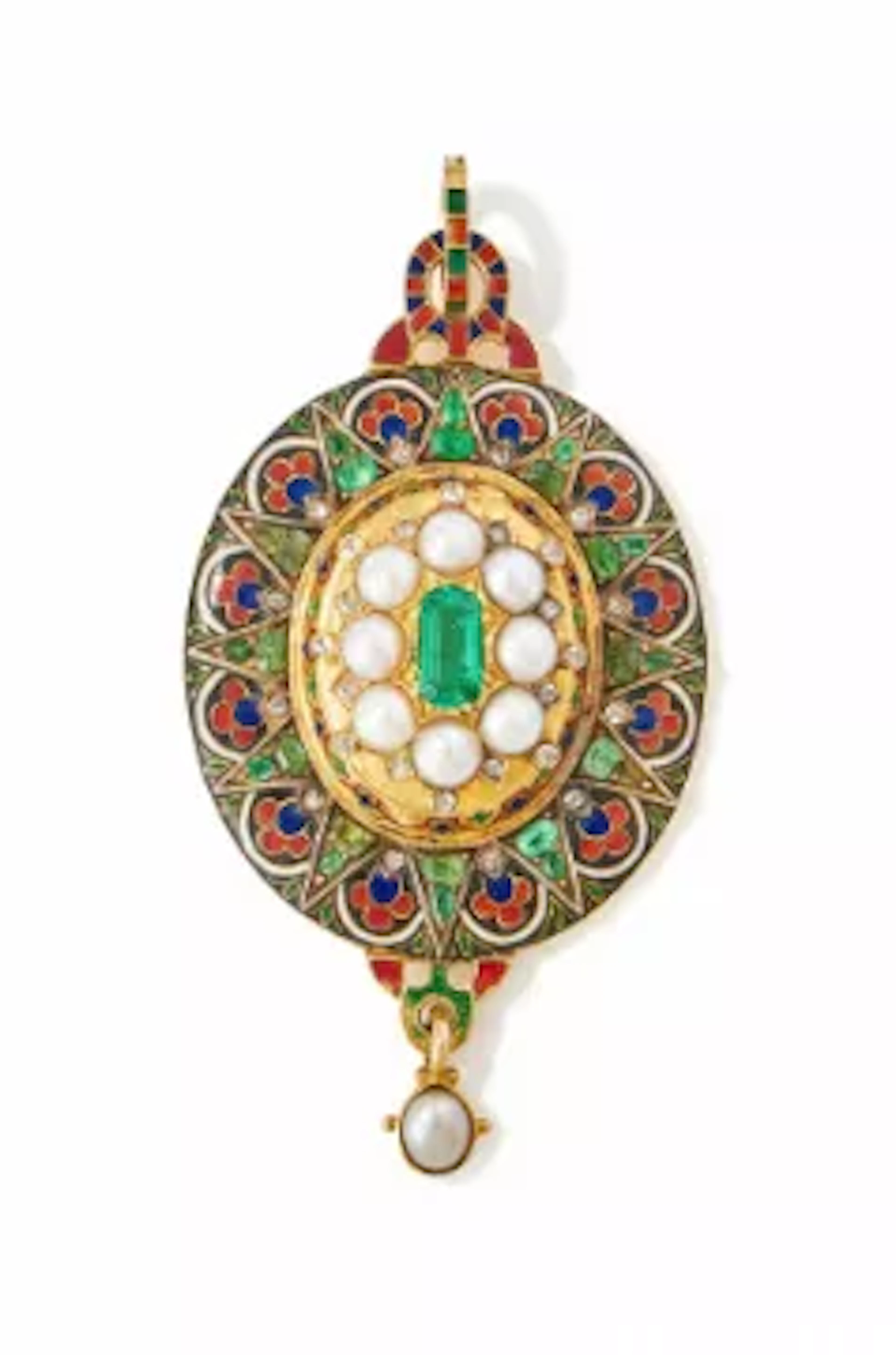 A HOLBEINESQUE ENAMEL AND GEM SET PENDANT, CIRCA 1880