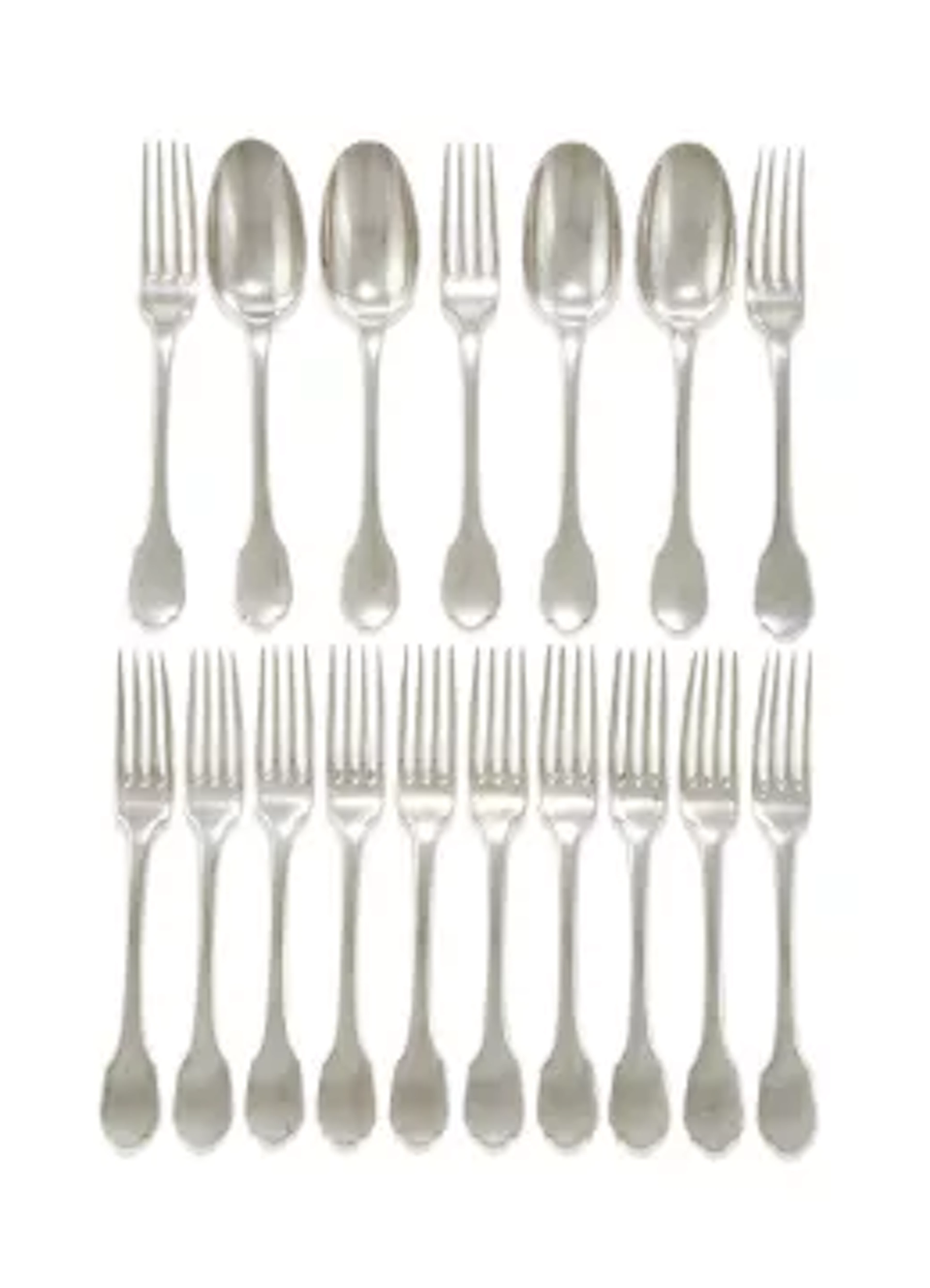 A SET OF THIRTEEN FRECH SILVER TABLE FORKS AND FOUR TABLE SPOONS