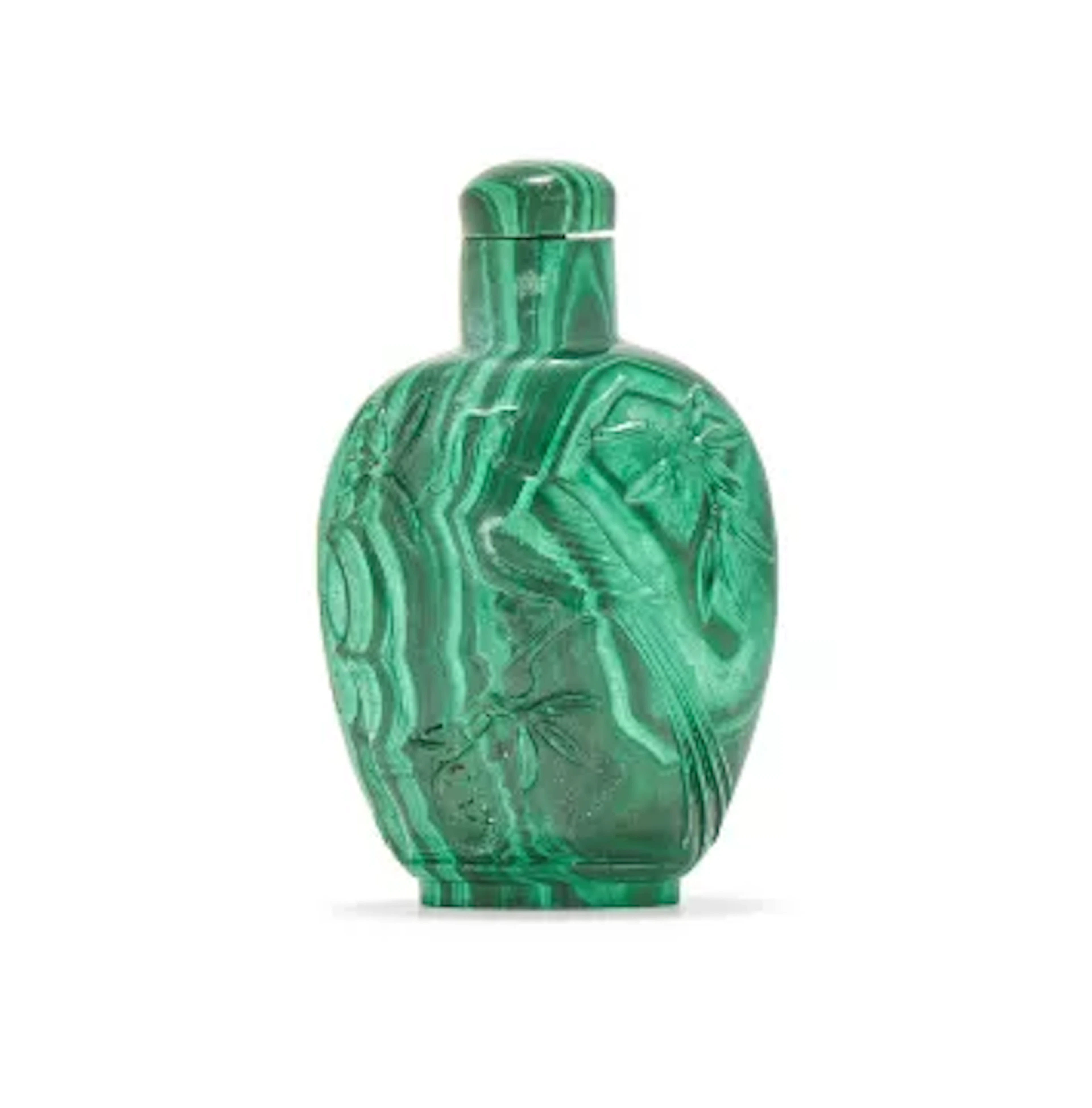 A Chinese carved malachite 'Lotus and carp' snuff bottle, 19th century