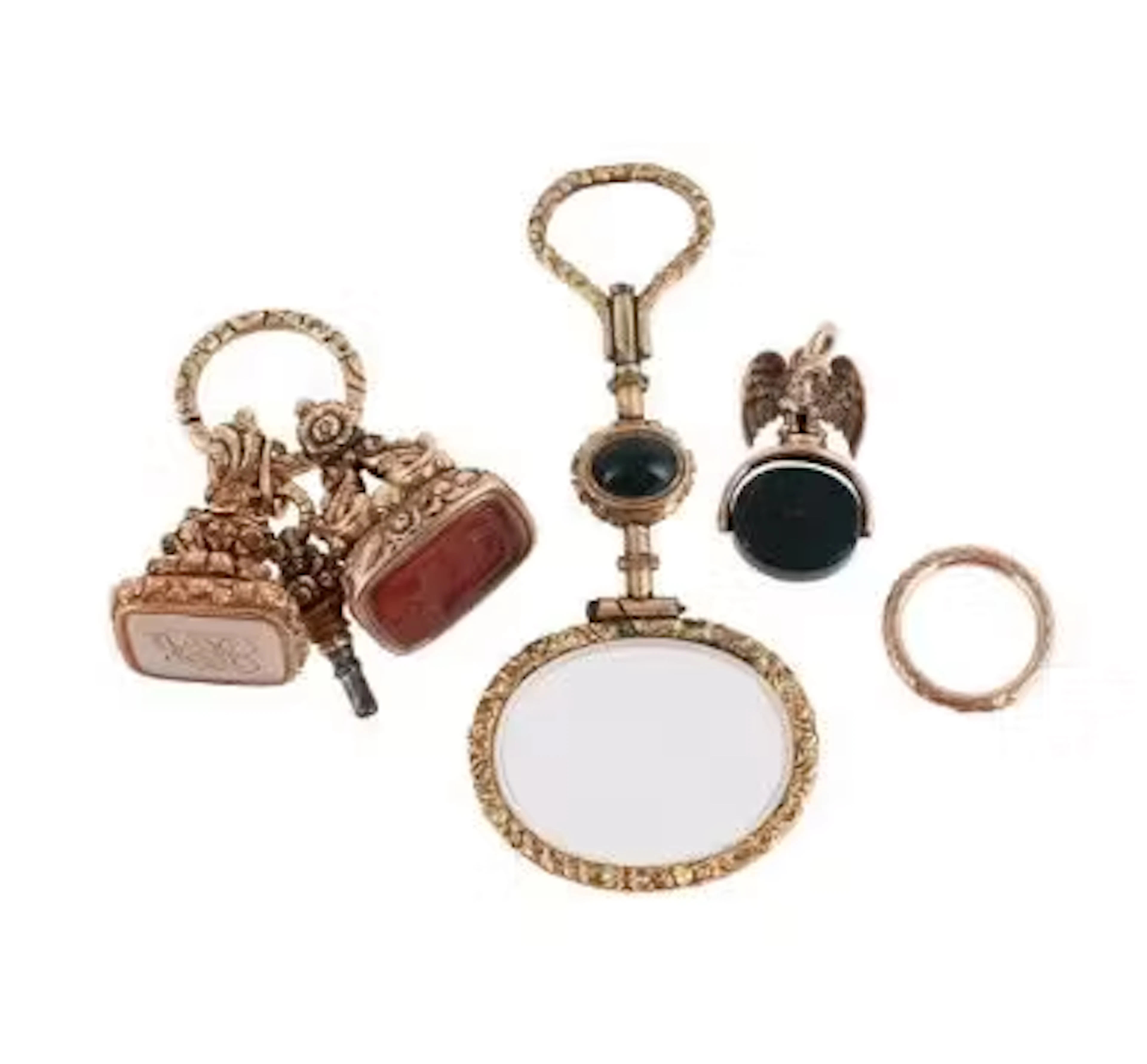 A GROUP OF 19TH CENTURY FOBS AND A MAGNIFYING GLASS