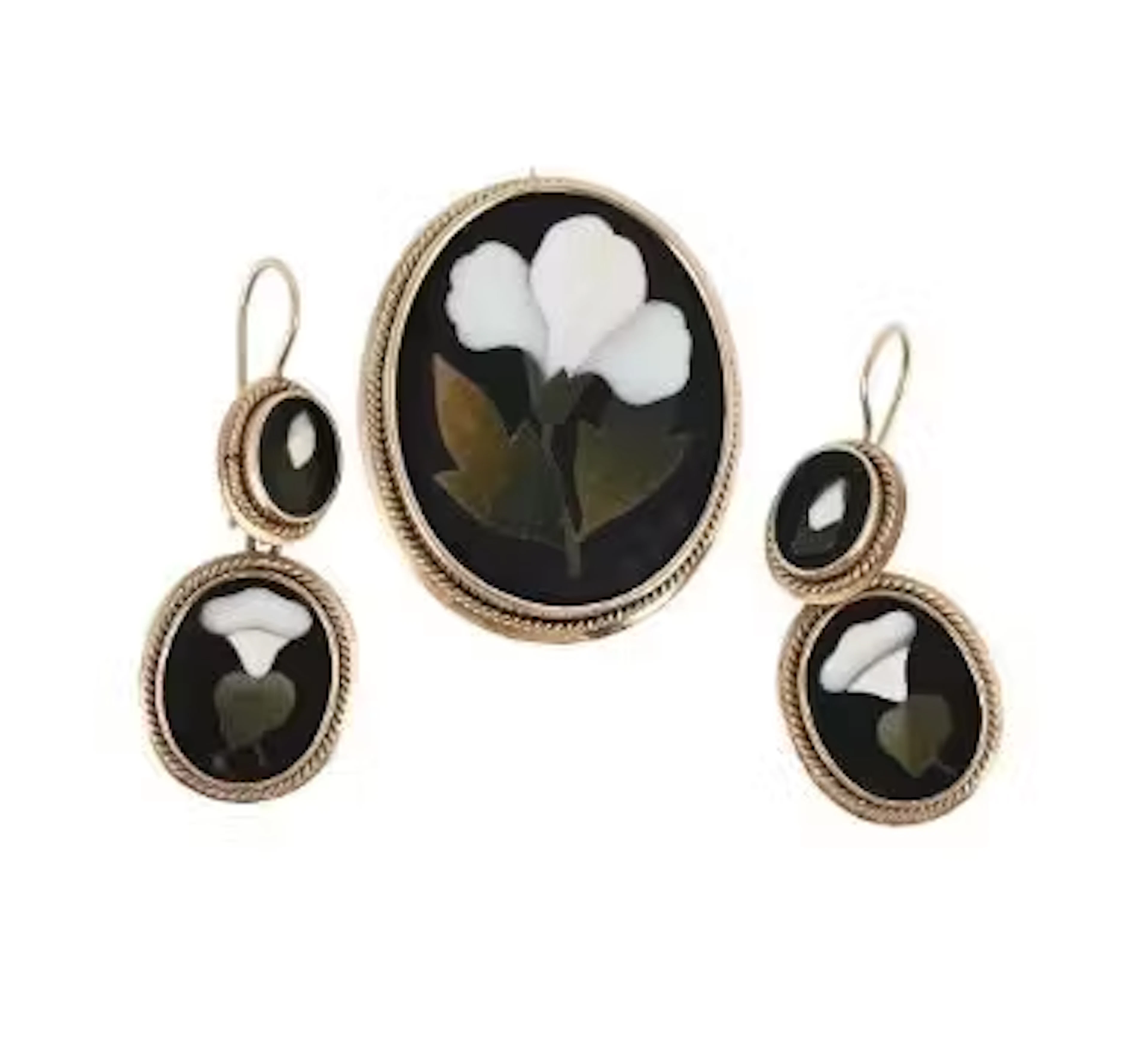A 19TH CENTURY PIETRA DURA EARRINGS AND BROOCH SUITE