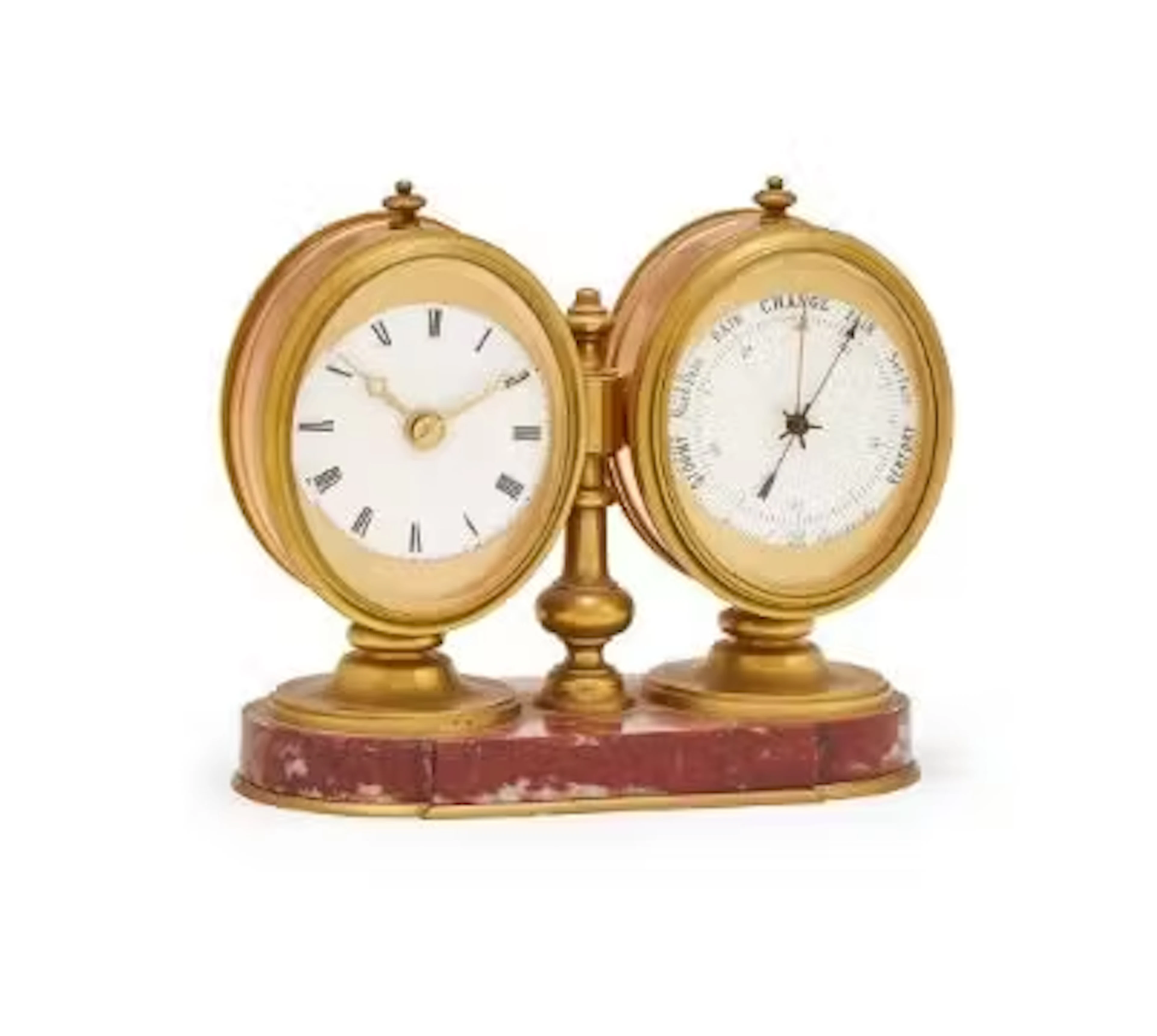 A FRENCH GILT BRASS AND ROSSO FRACIA MARBLE COMBINATION DESK TIMEPIECE