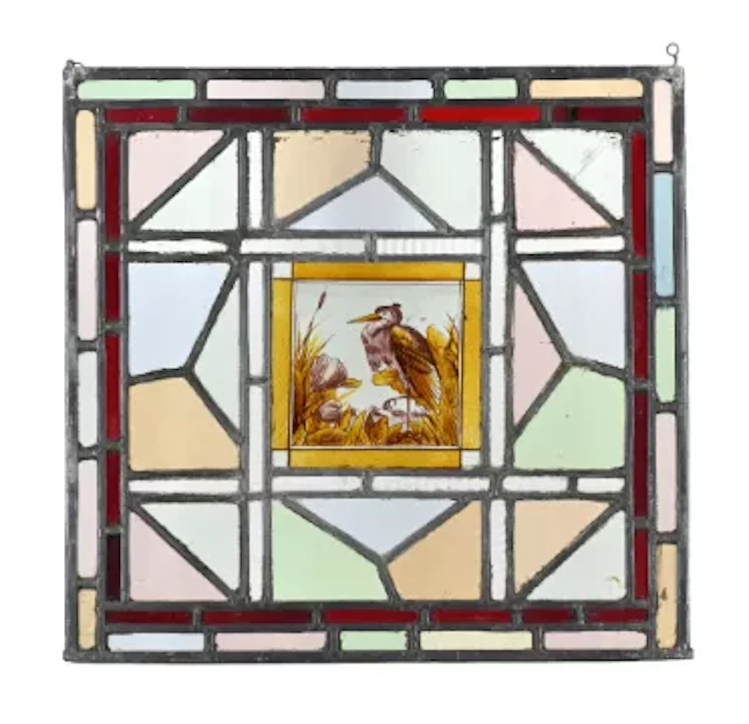 AN AESTHETIC MOVEMENT STAINED, PAINTED AND LEADED GLASS PANEL, CIRCA 1890