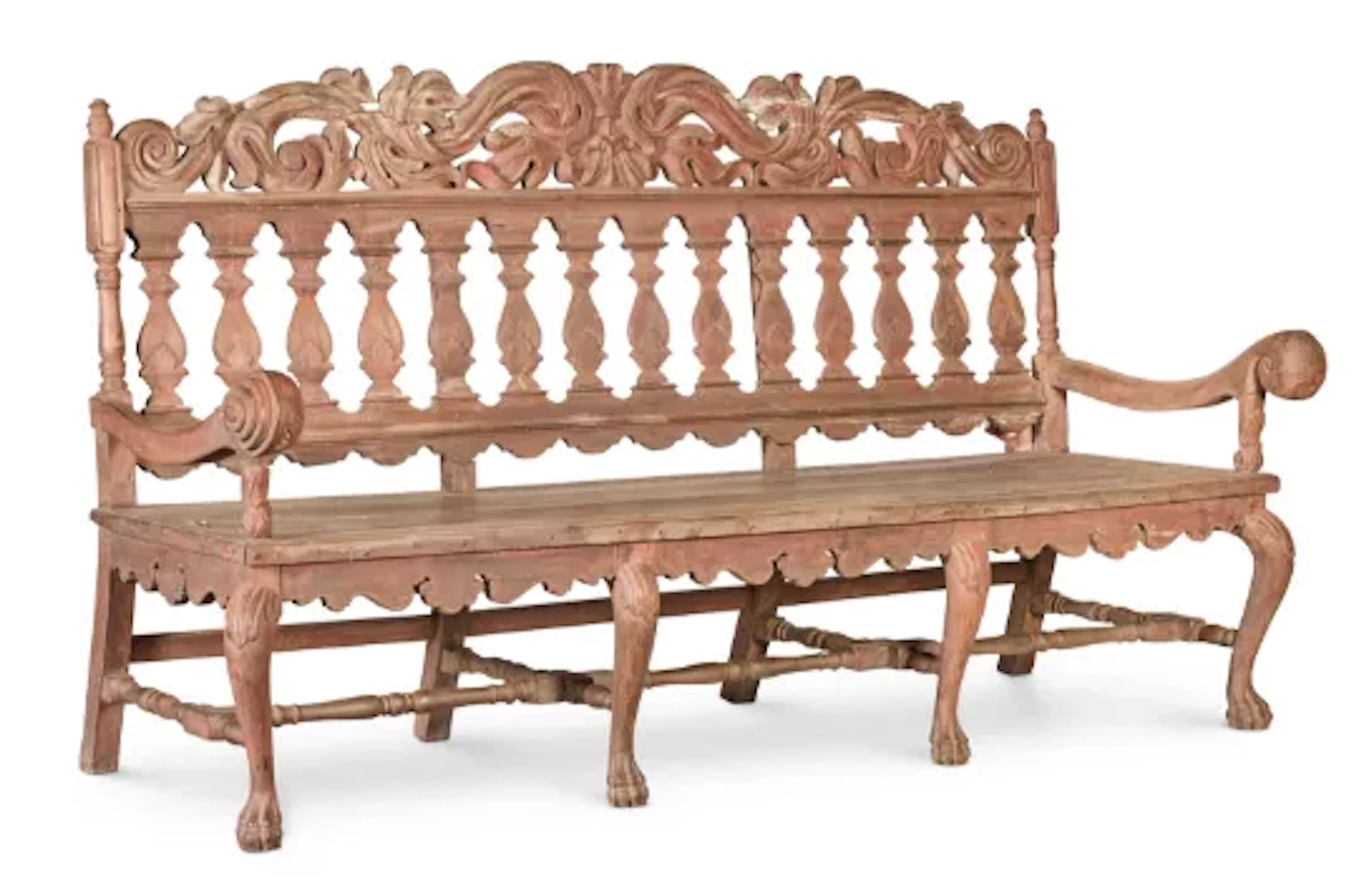 ‡ A PAIR OF CARVED AND RED PAINTED TEAK BENCHES, INDO-PORTUGUESE, CIRCA 1900