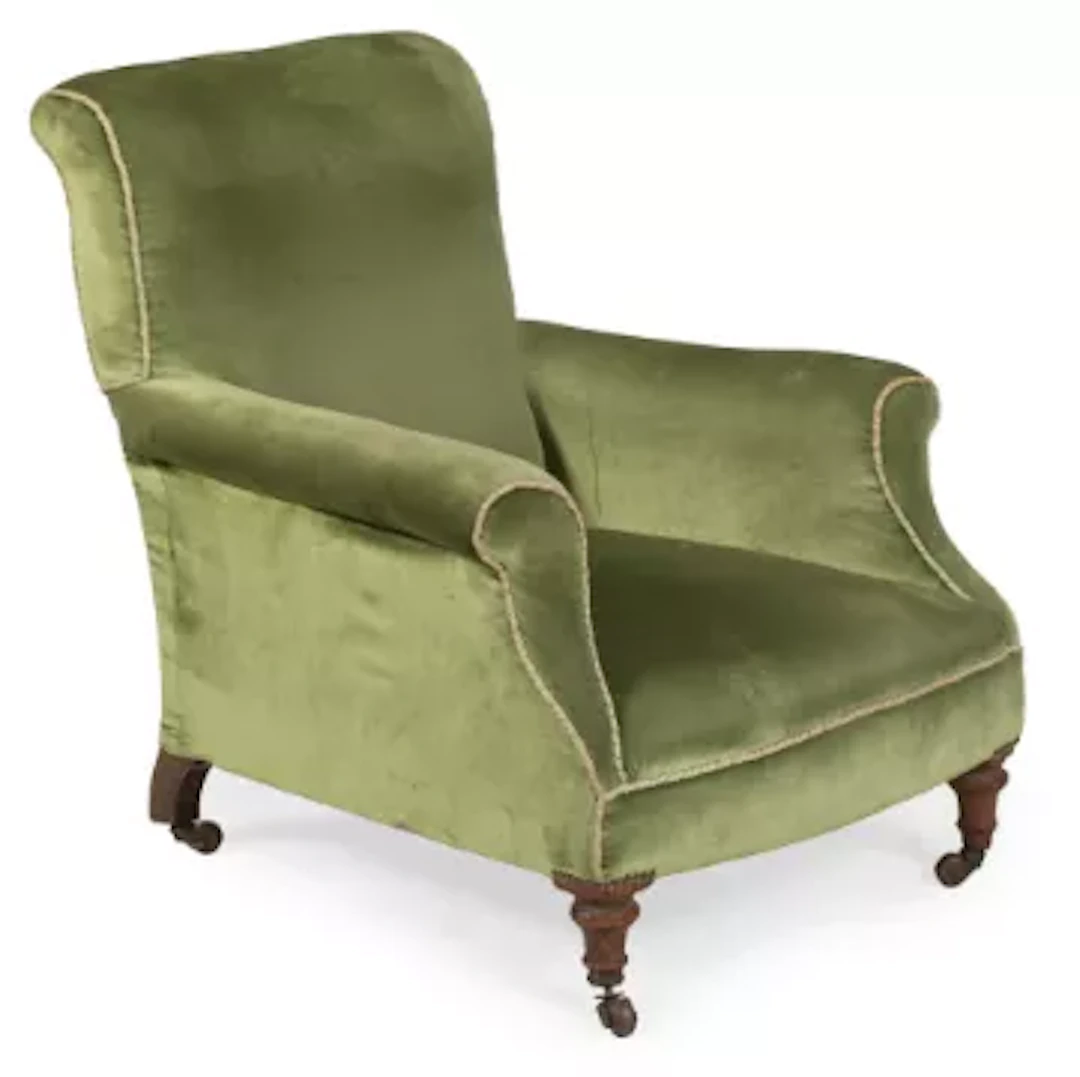 A LATE VICTORIAN TRADITIONAL SCROLL BACK PARLOUR CHAIR, CIRCA 1890