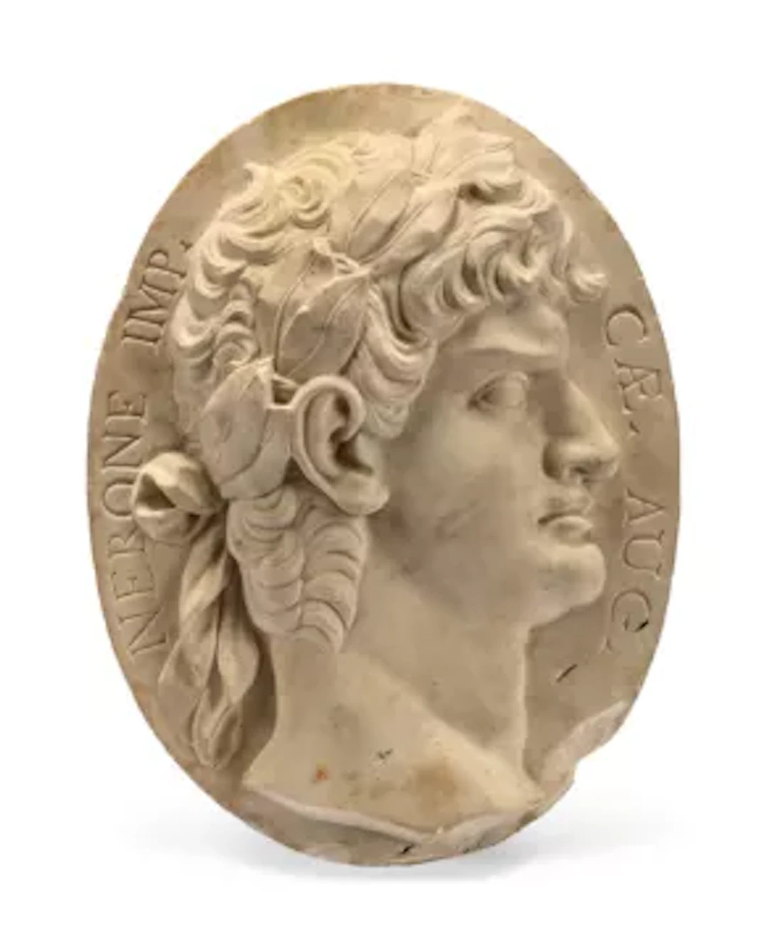 AFTER THE ANTIQUE, A MARBLE OVAL RELIEF BUST PORTRAIT OF NERO, PROBABLY
