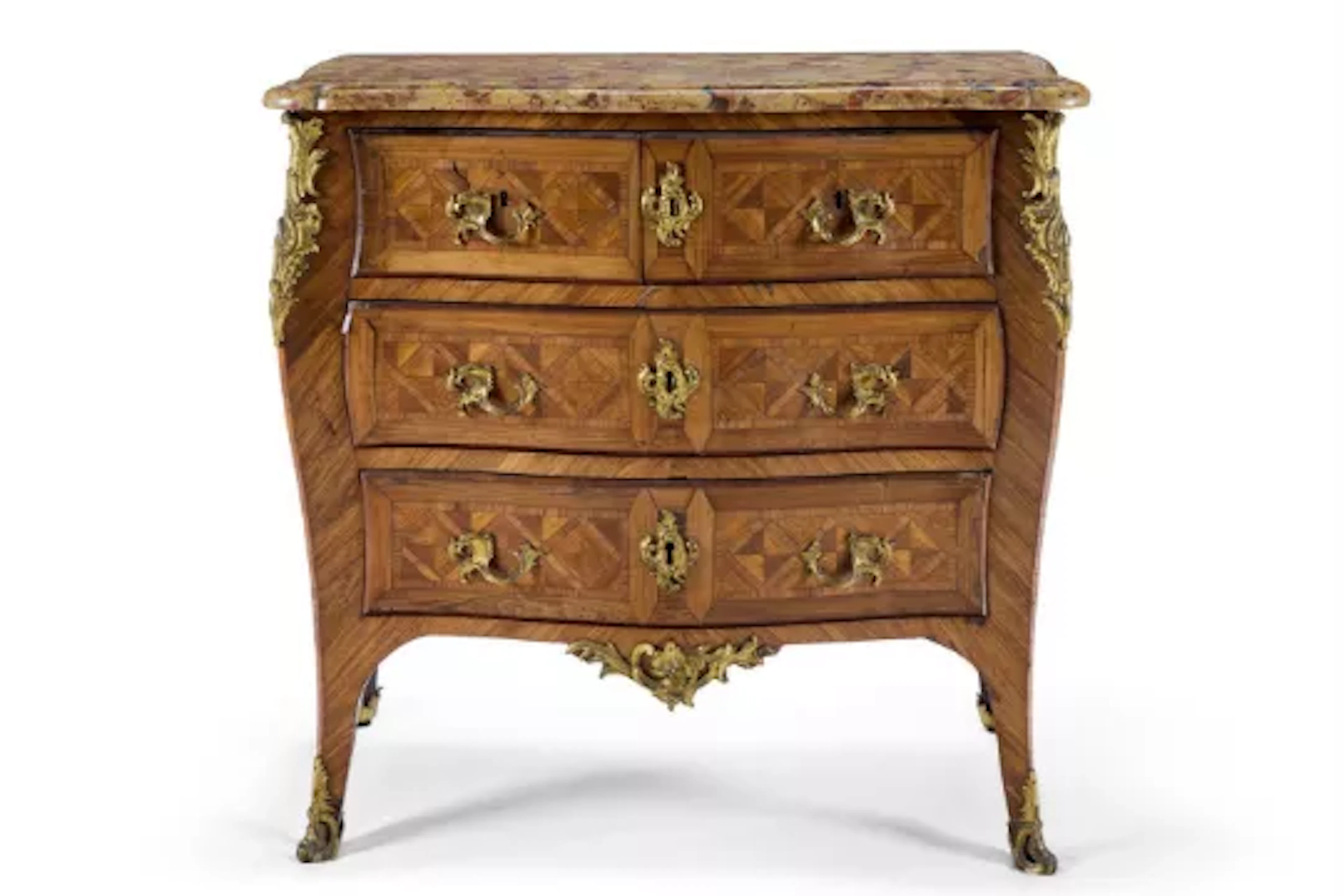 A LOUIS XV ORMOLU-MOUNTED PARQUETRY SERPENTINE COMMODE, BY JACQUES