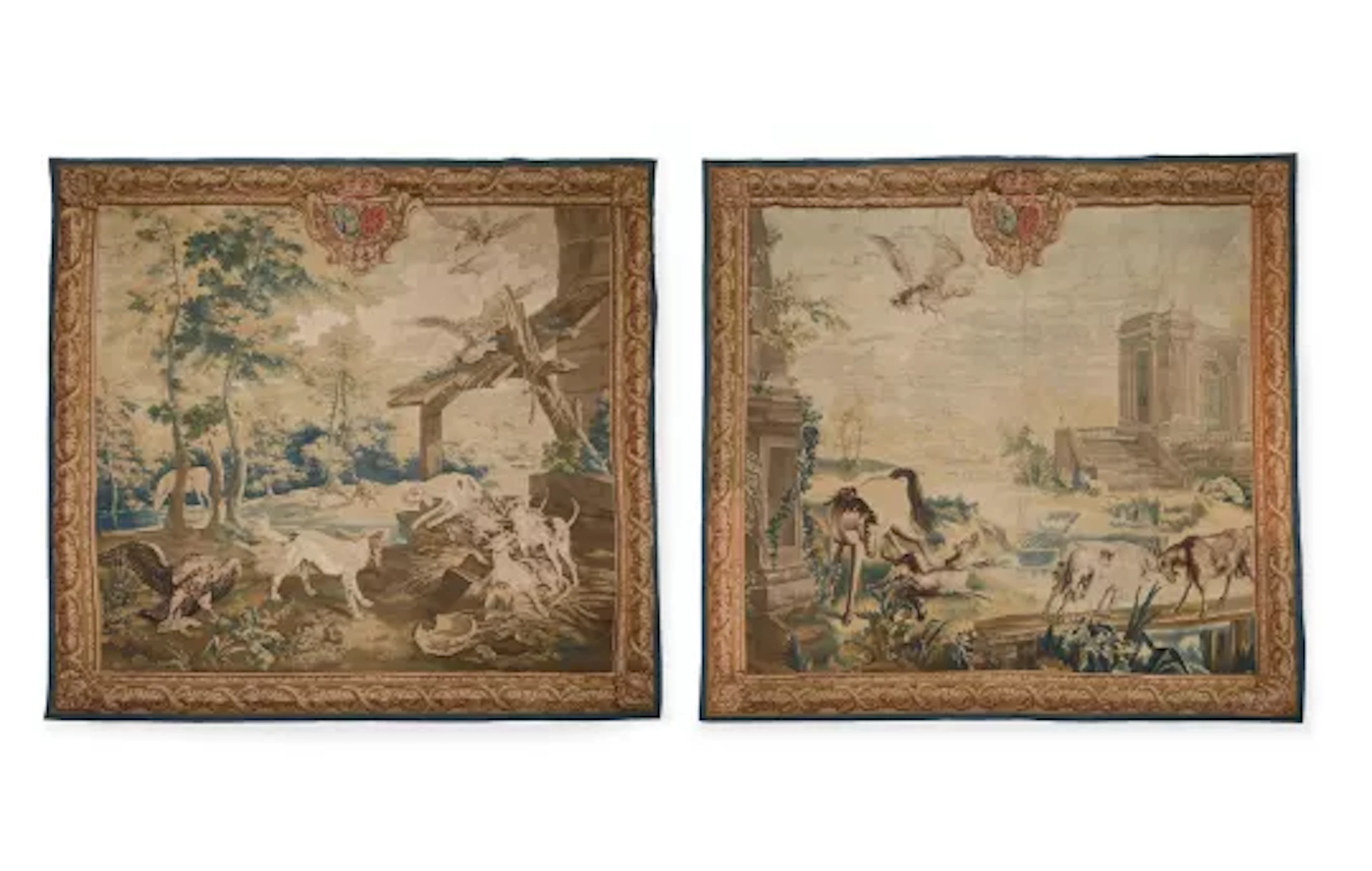 A PAIR OF LOUIS XV BEAUVAIS 'FABLES DE LA FONTAINE' TAPESTRIES, CIRCA 1740