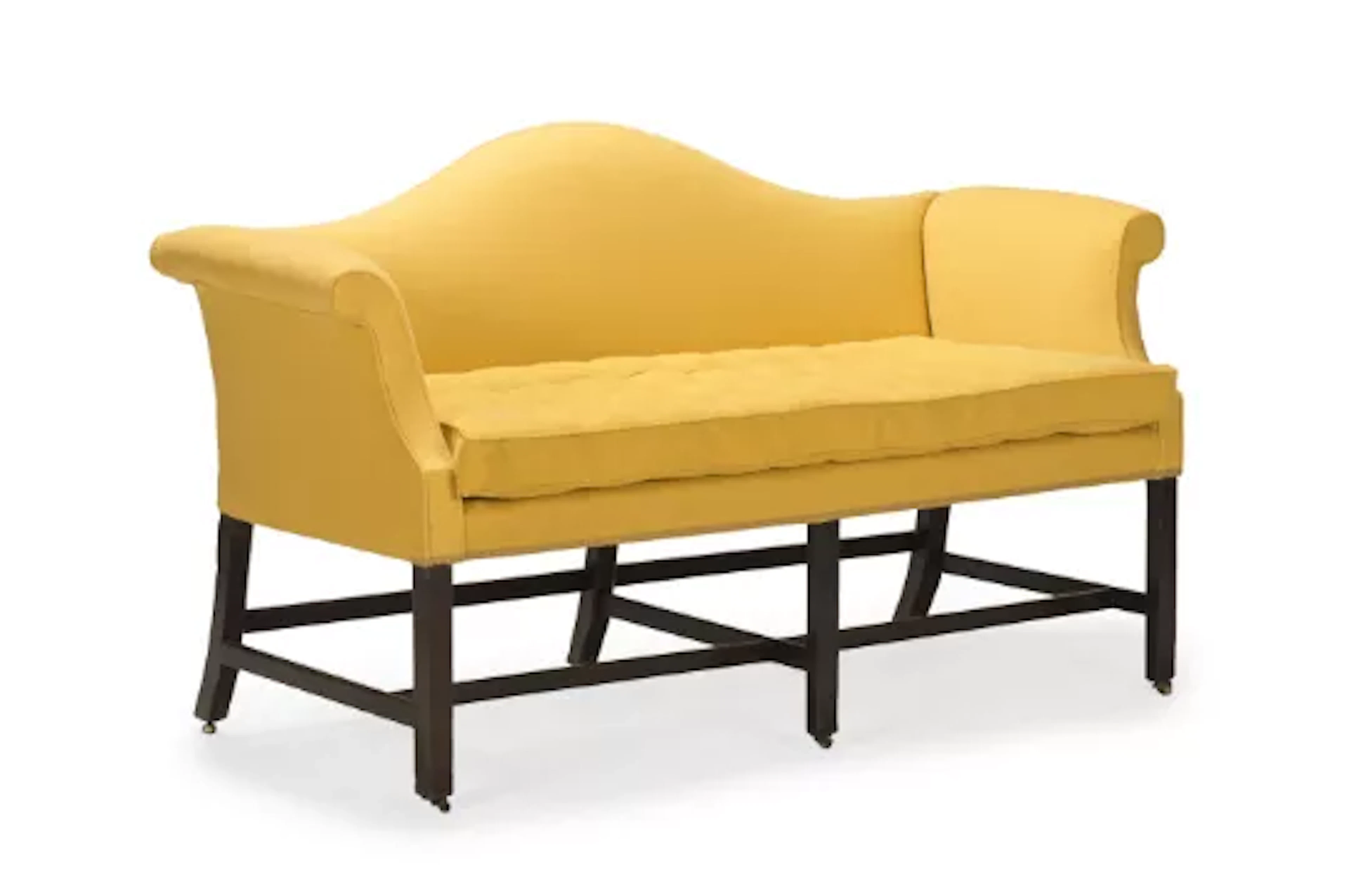 A GEORGE III MAHOGANY AND YELLOW UPHOLSTERED SOFA, CIRCA 1780
