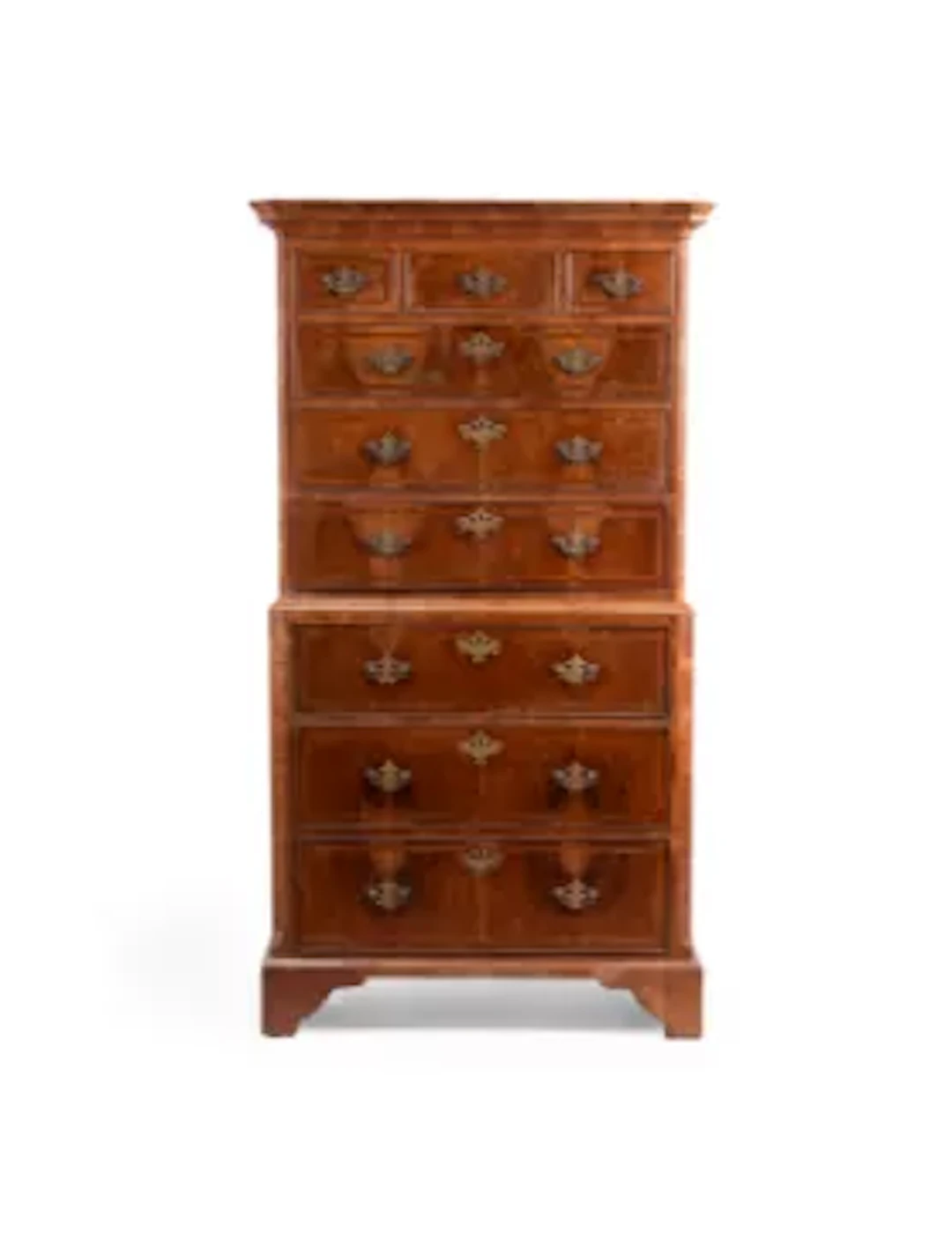 A GEORGE II WALNUT AND FEATHERBANDED CHEST ON CHEST, CIRCA 1730