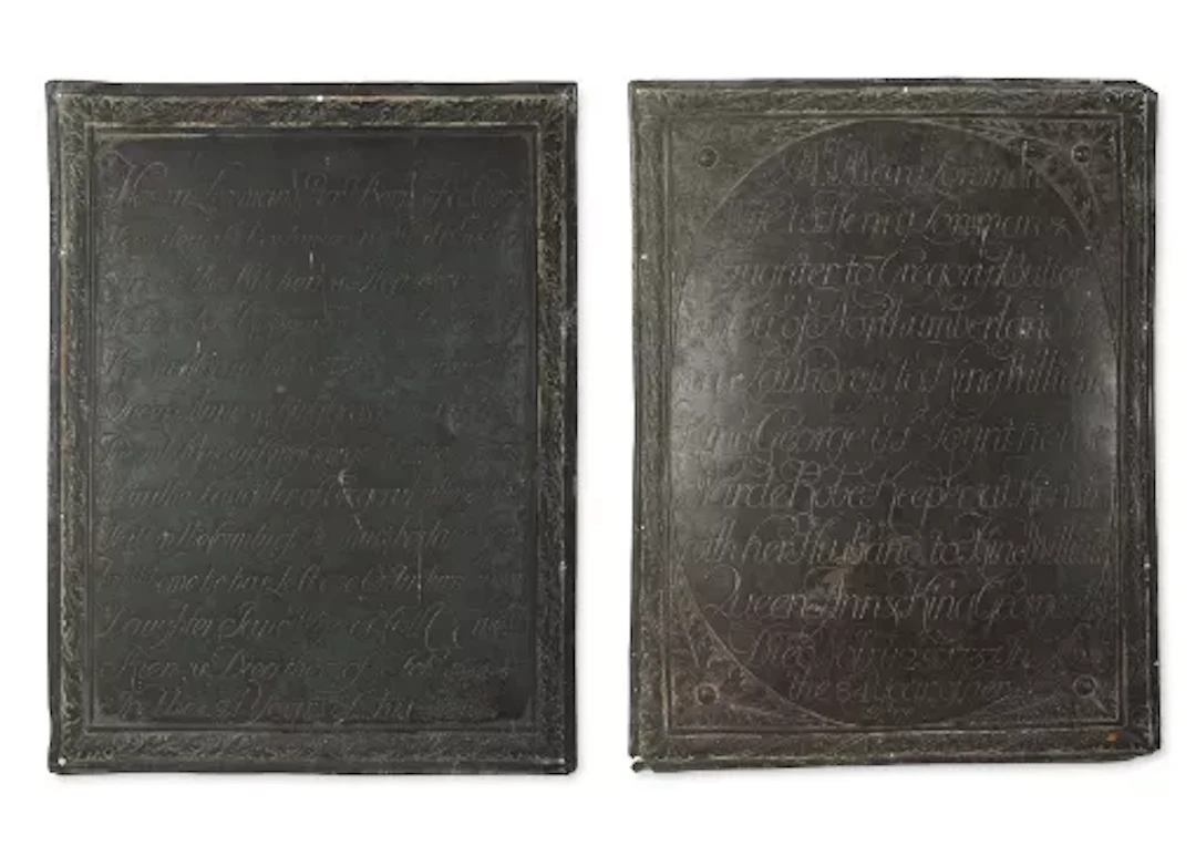 ROYAL HOUSEHOLD, A PAIR OF GEORGE II ENGRAVED BRONZED COPPER MEMORIAL