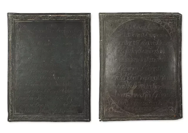 ROYAL HOUSEHOLD, A PAIR OF GEORGE II ENGRAVED BRONZED COPPER MEMORIAL