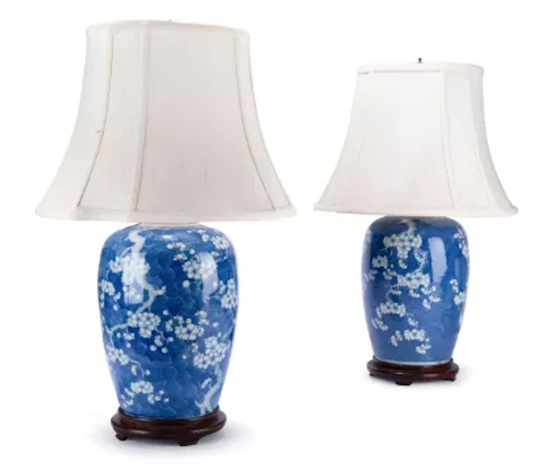 A PAIR OF CHINESE BLUE AND WHITE 'PRUNUS' VASE TABLE LIGHTS, QING