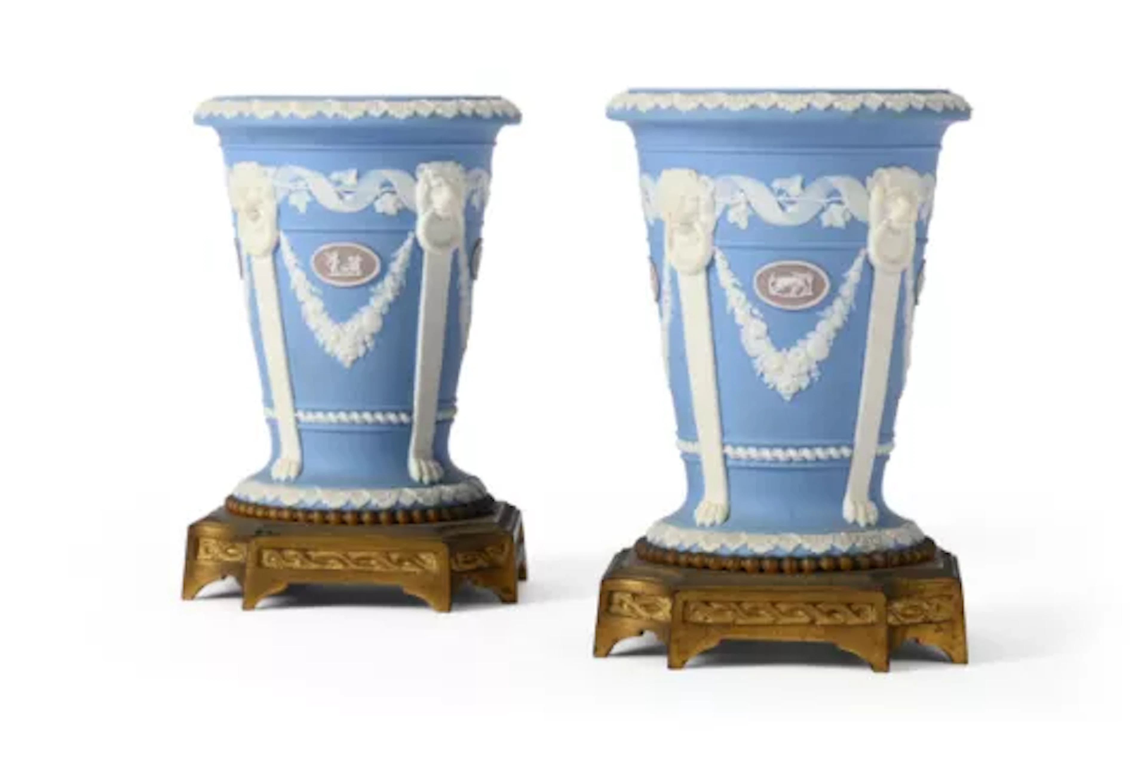 A PAIR OF WEDGWOOD PALE-BLUE JASPER AND GILT-BRONZE MOUNTED VASES