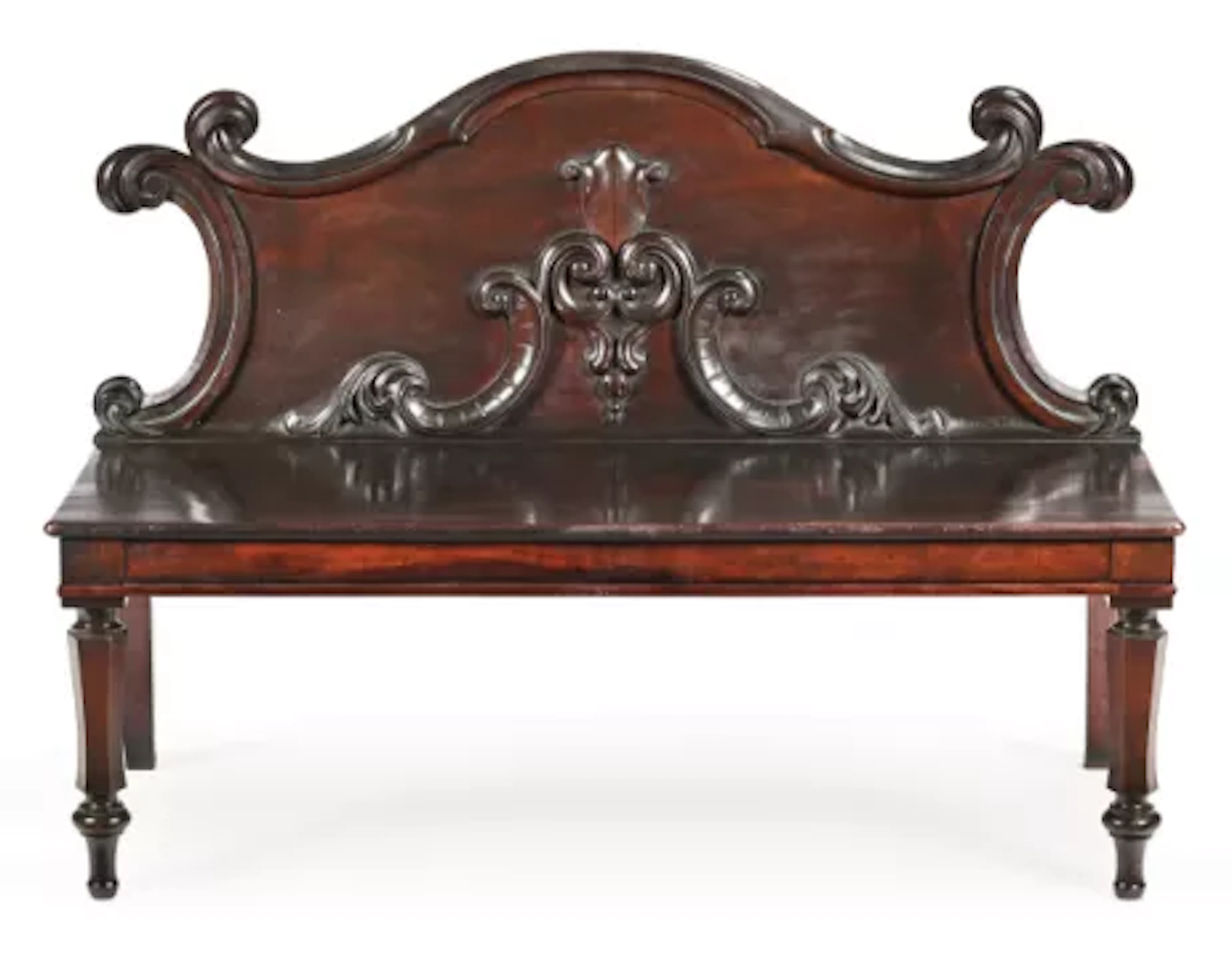 A WILLIAM IV CARVED MAHOGANY HALL BENCH, CIRCA 1835