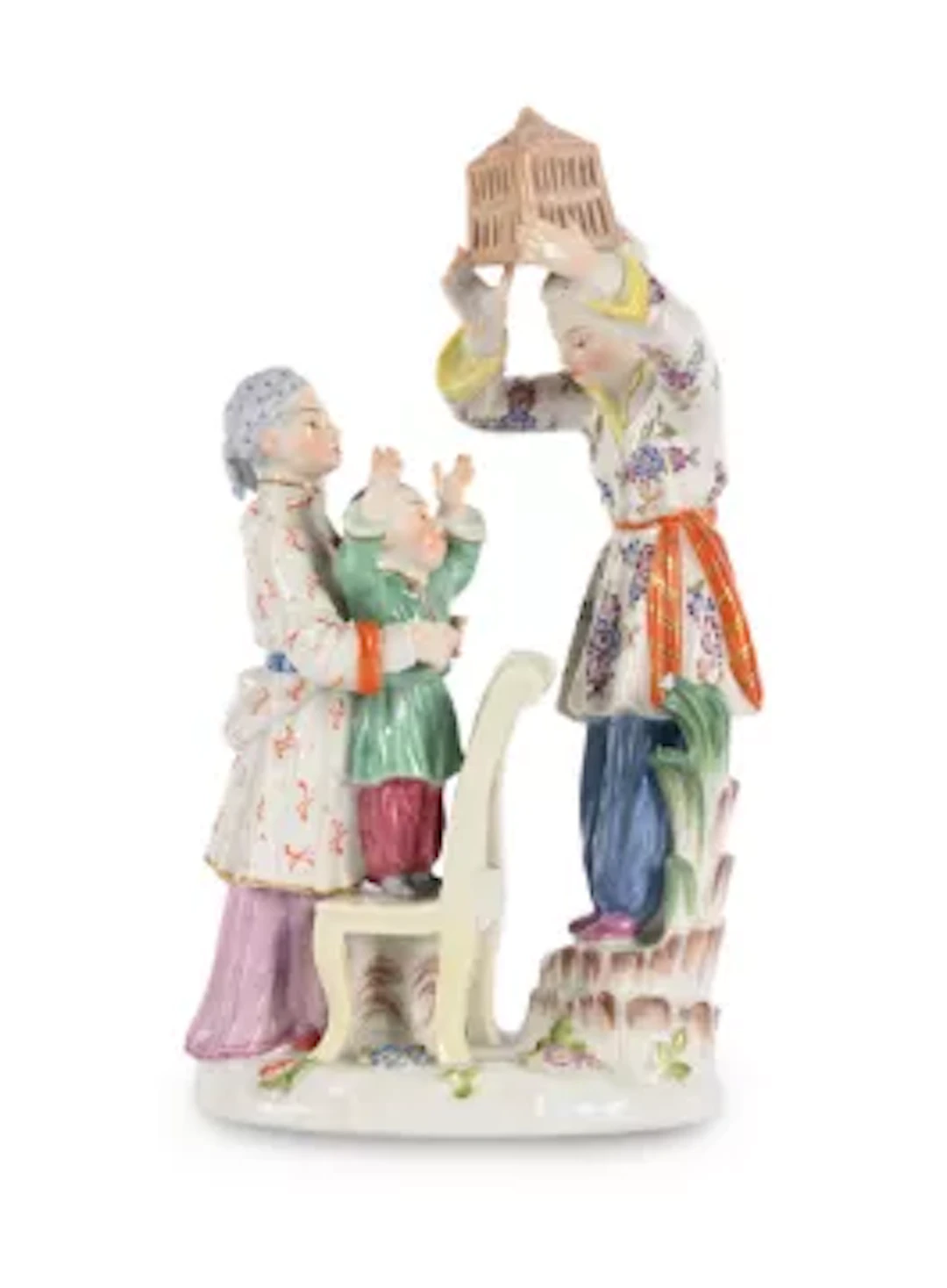 A MEISSEN GROUP OF AN ASIAN FAMILY WITH A BIRDCAGE, SECOND HALF 20TH CENTURY