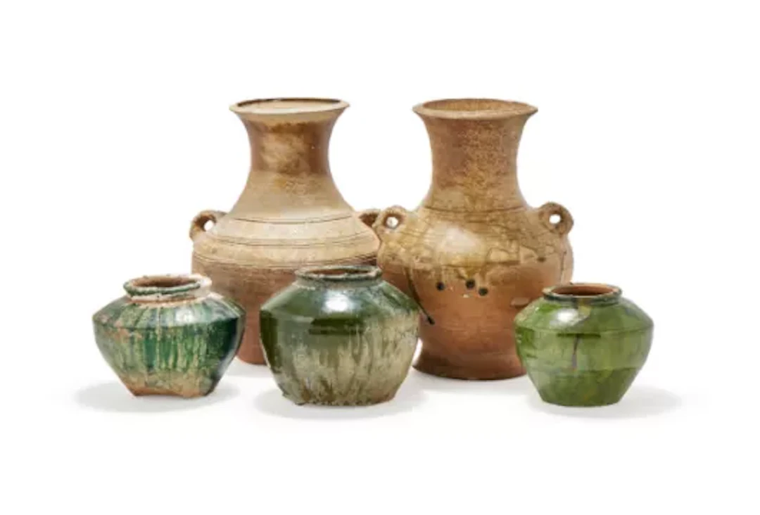 Three Chinese green glazed pottery vessels, Han dynasty (206 BC-220 AD)