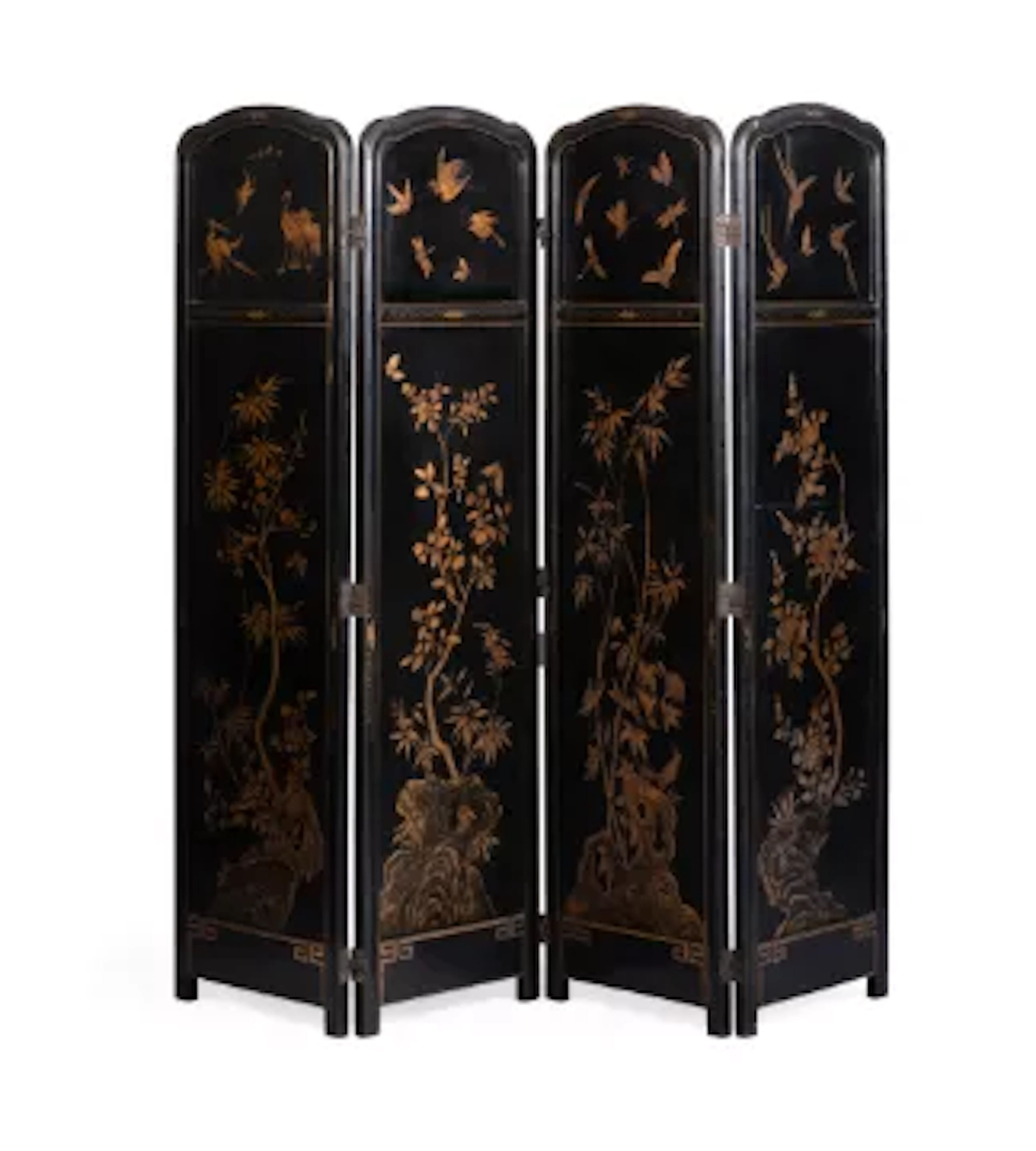 A JAPANNED BLACK AND GILT LACQUER FOUR PANEL FOLDING SCREEN, FRENCH