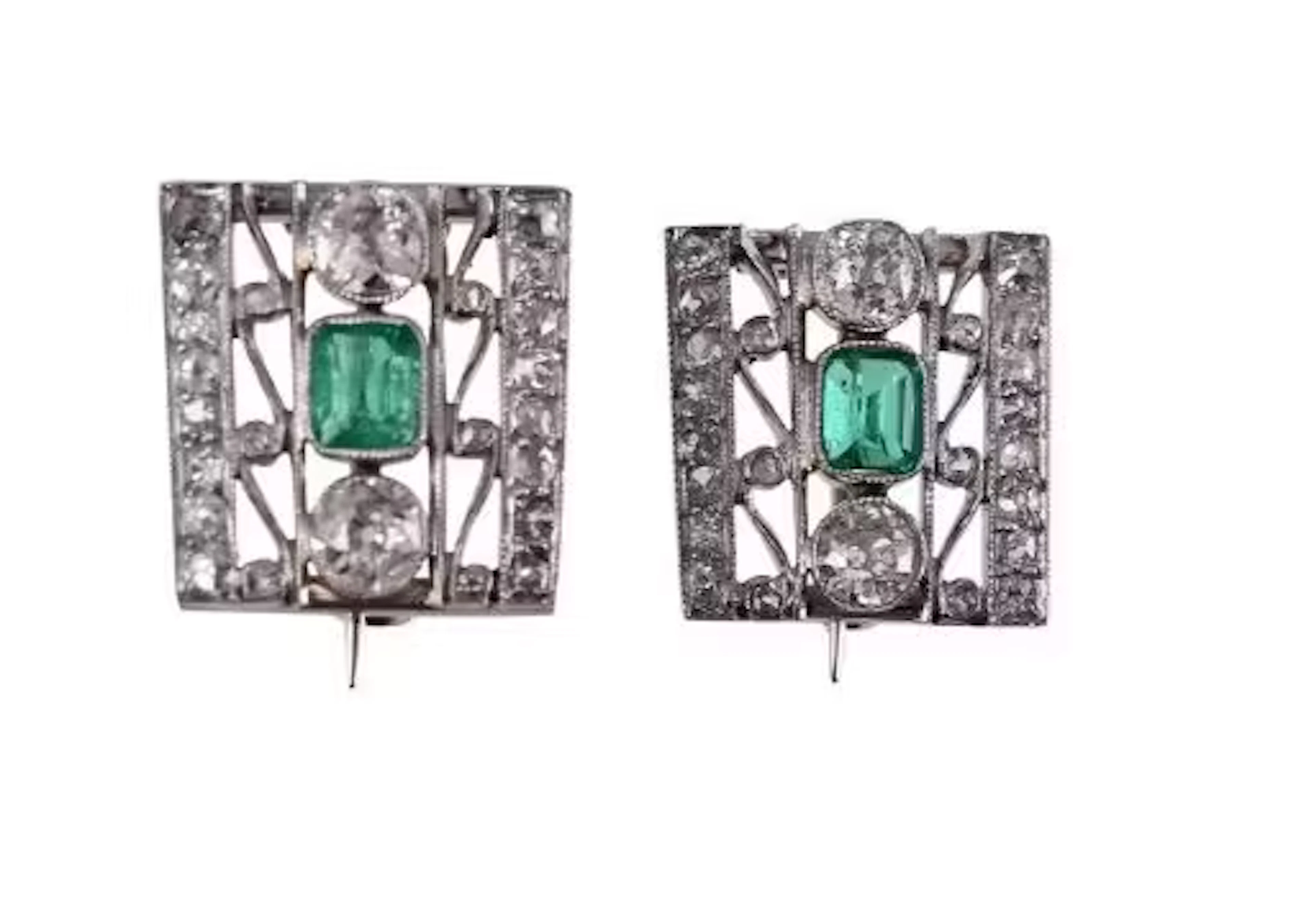 TWO EMERALD AND DIAMOND BROOCHES