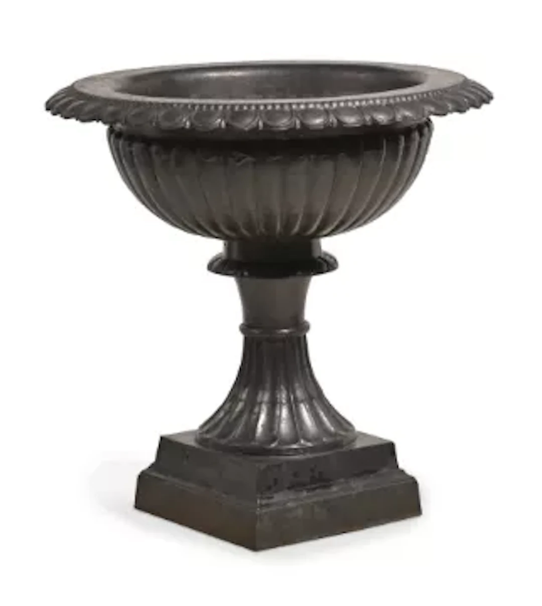A LARGE CAST IRON TAZZA FORM GARDEN URN AND PLINTH, 19TH CENTURY STYLE