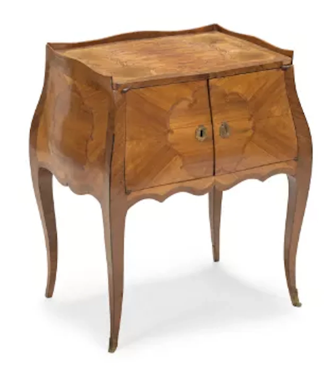 Y A SMALL LOUIS XV WALNUT, TULIPWOOD MARQUETRY BOMBE SIDE TABLE, MID