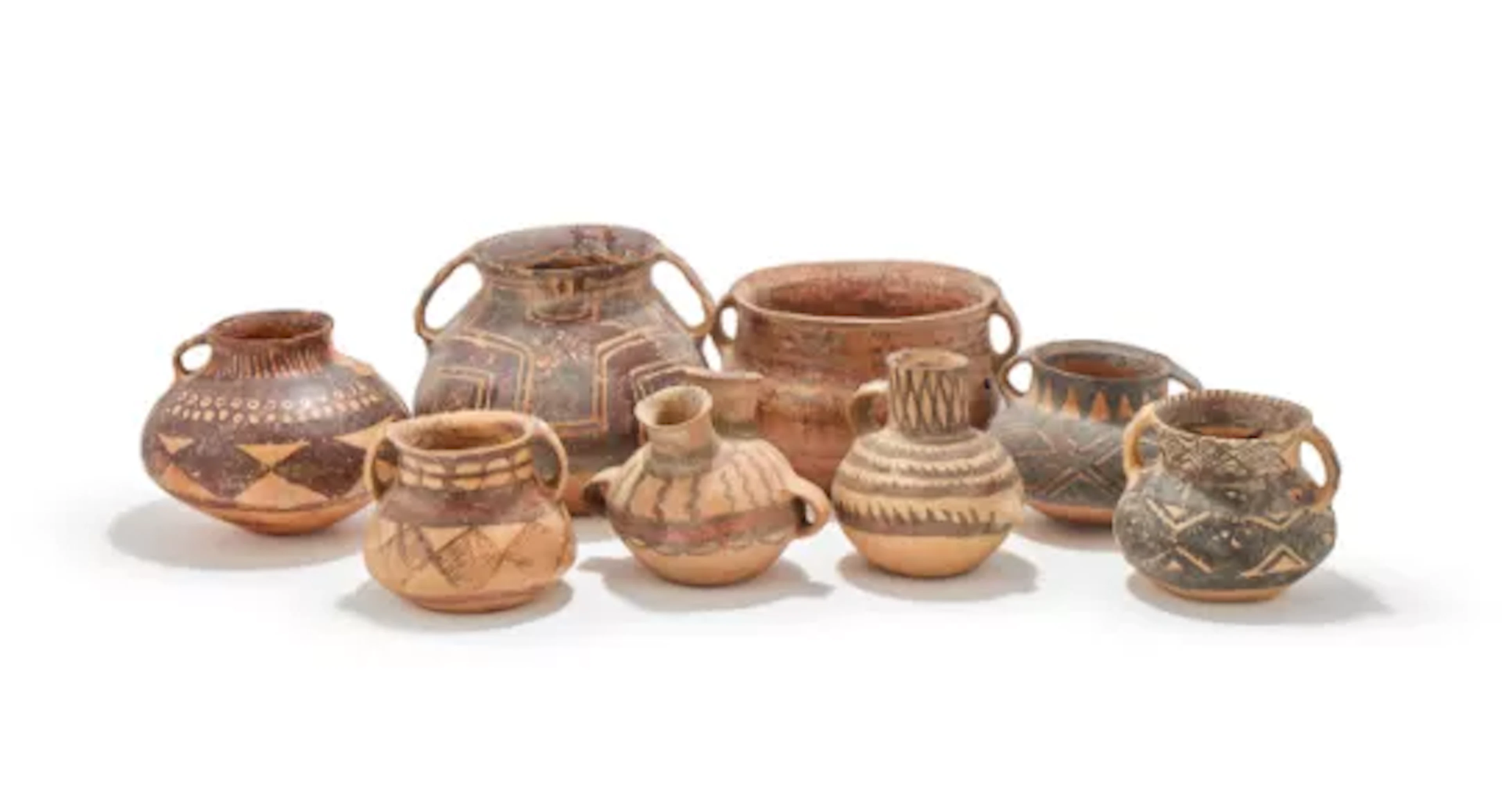 Eight various painted pottery vessels, Neolithic Period, Majiayao Culture