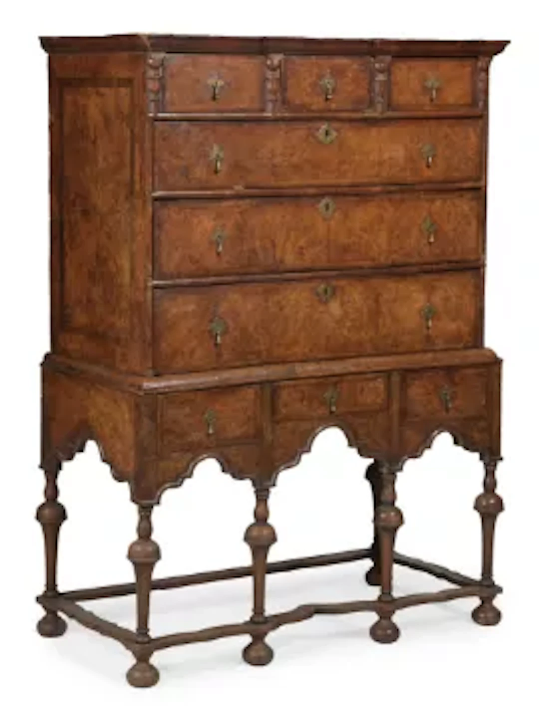 A QUEEN ANNE ELM, BURR ELM AND WALNUT CHEST ON STAND, CIRCA 1710