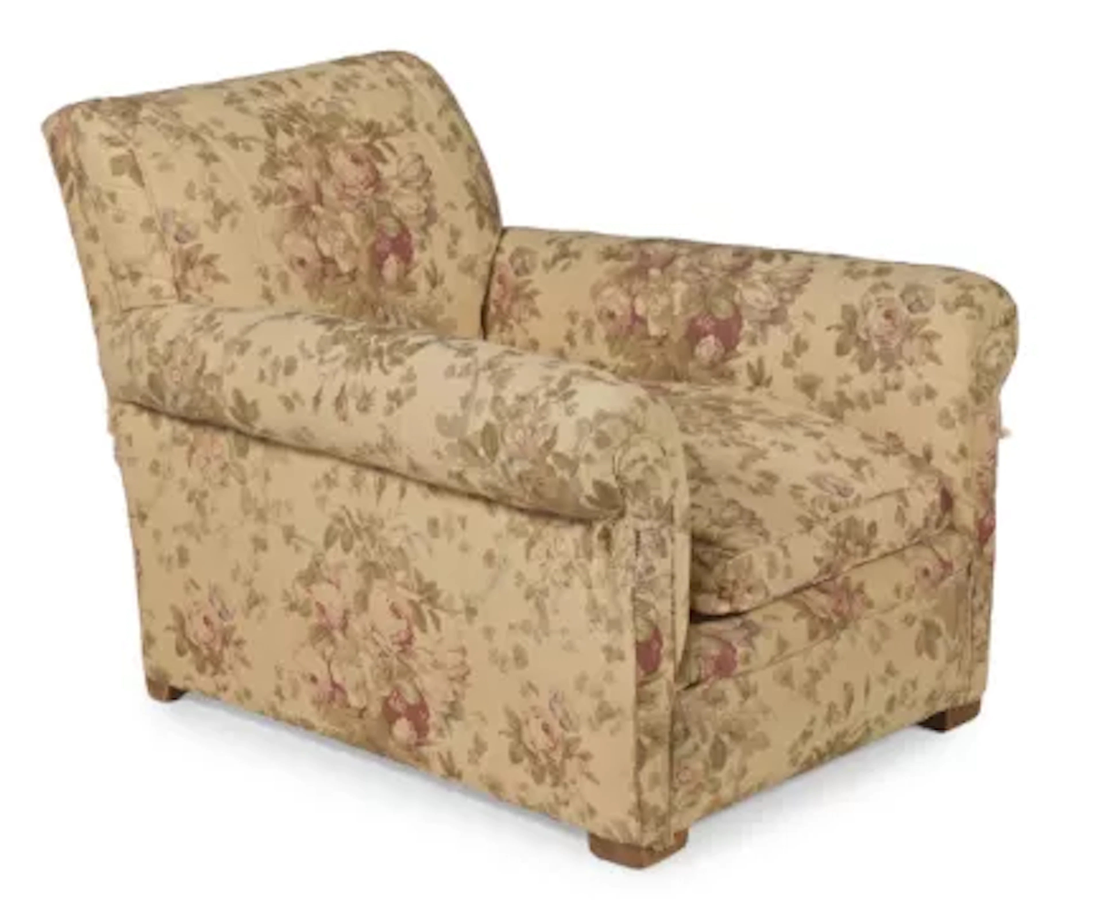 A TRADITIONAL BEECH-FRAMED UPHOLSTERED ARMCHAIR, 20TH CENTURY