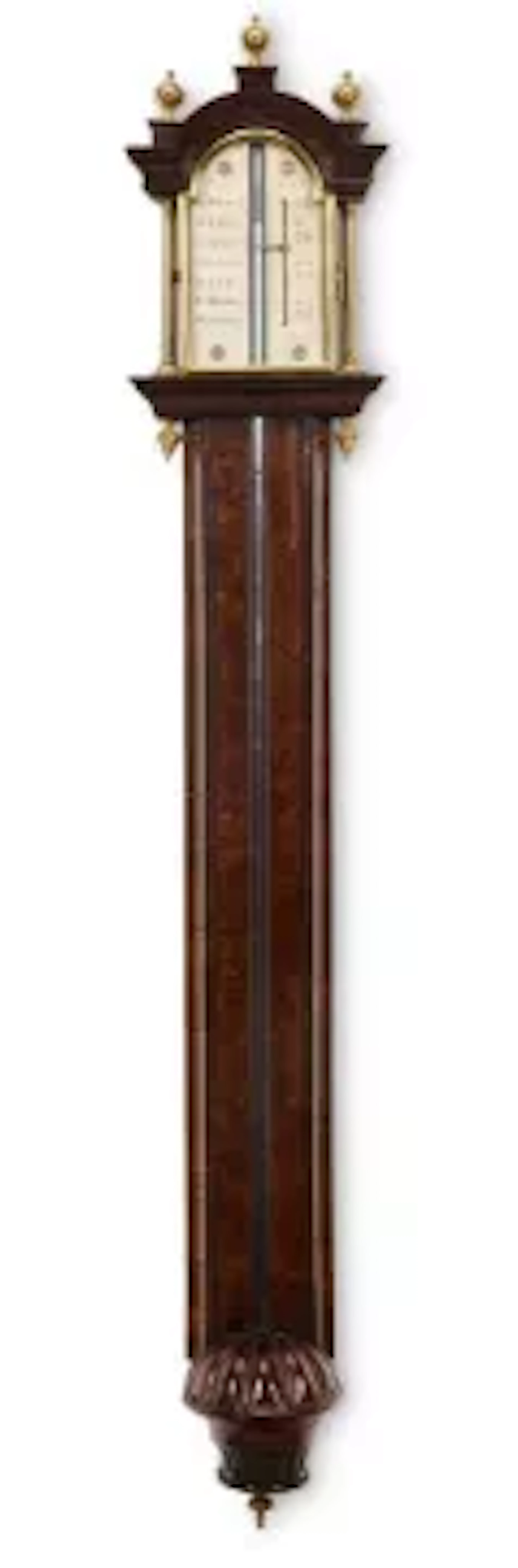 THOMAS WRIGHT: A GEORGE II BRASS MOUNTED WALNUT STICK BAROMETER