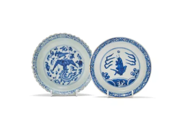 Two Chinese blue and white saucer dishes, 16th century