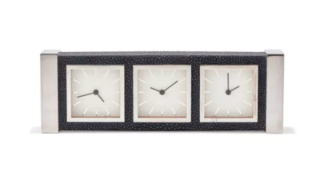 DAVID LINLEY, A CHROME AND FAUX SHAGREEN THREE DIAL MANTEL TIMEPIECE