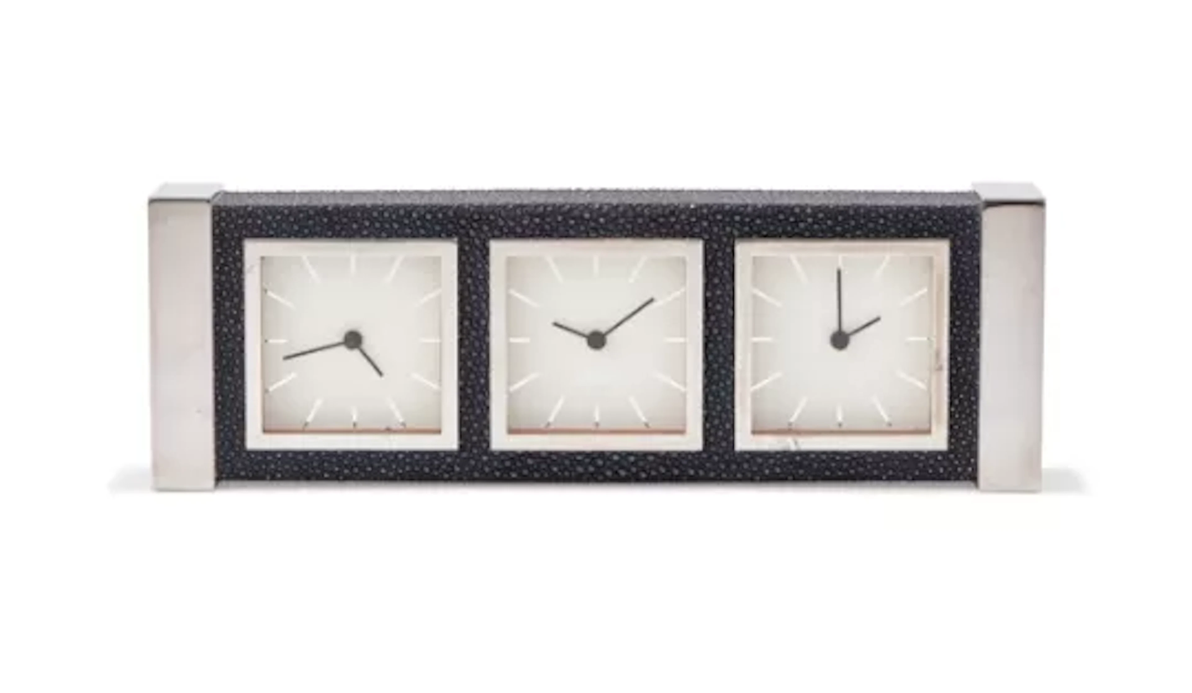 DAVID LINLEY, A CHROME AND FAUX SHAGREEN THREE DIAL MANTEL TIMEPIECE