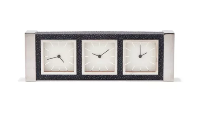 DAVID LINLEY, A CHROME AND FAUX SHAGREEN THREE DIAL MANTEL TIMEPIECE