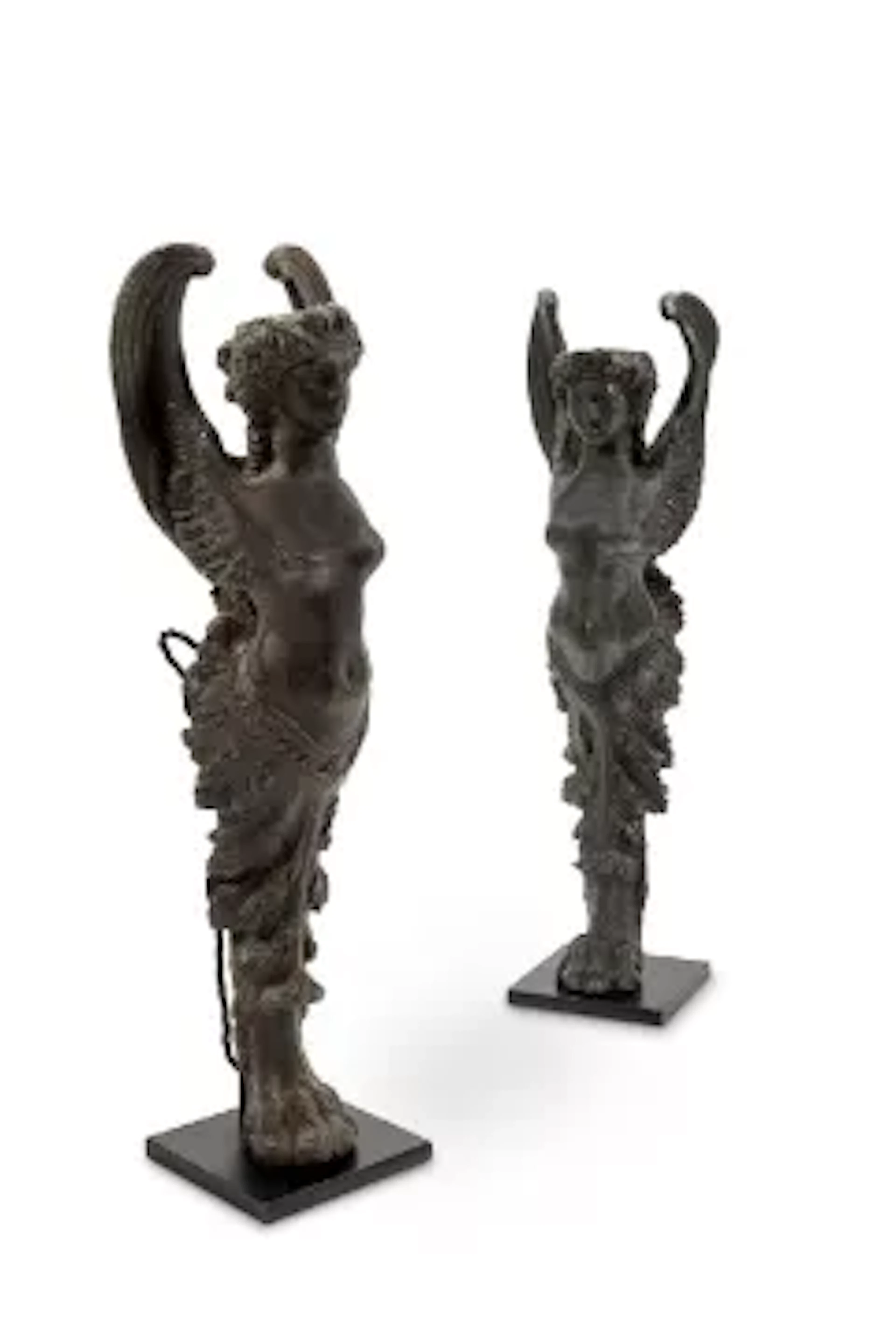 A PAIR OF LEAD WINGED CARYATID BASE TABLE LIGHTS, 19TH CENTURY