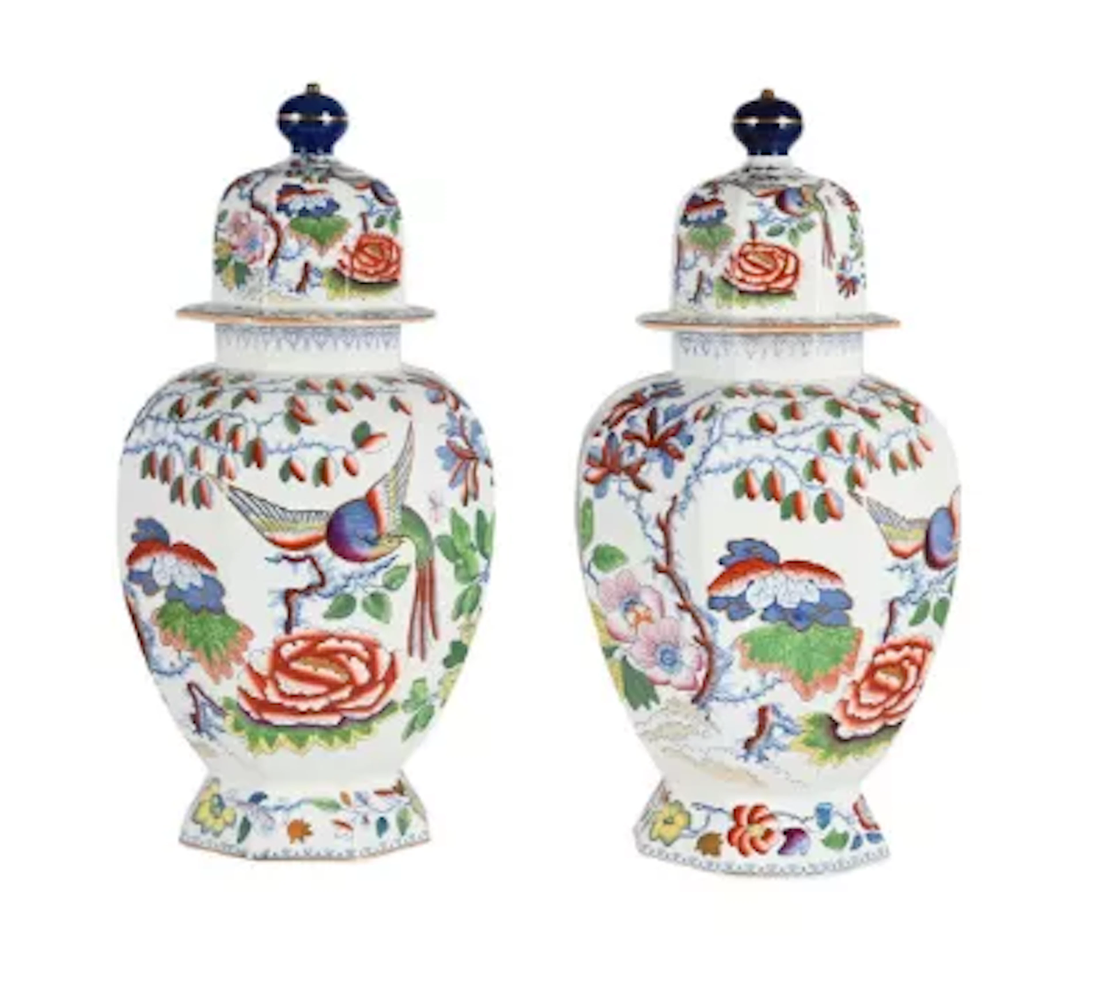 A PAIR OF LATER MASON'S IRONSTONE OCTAGONAL SECTION VASES AND COVERS