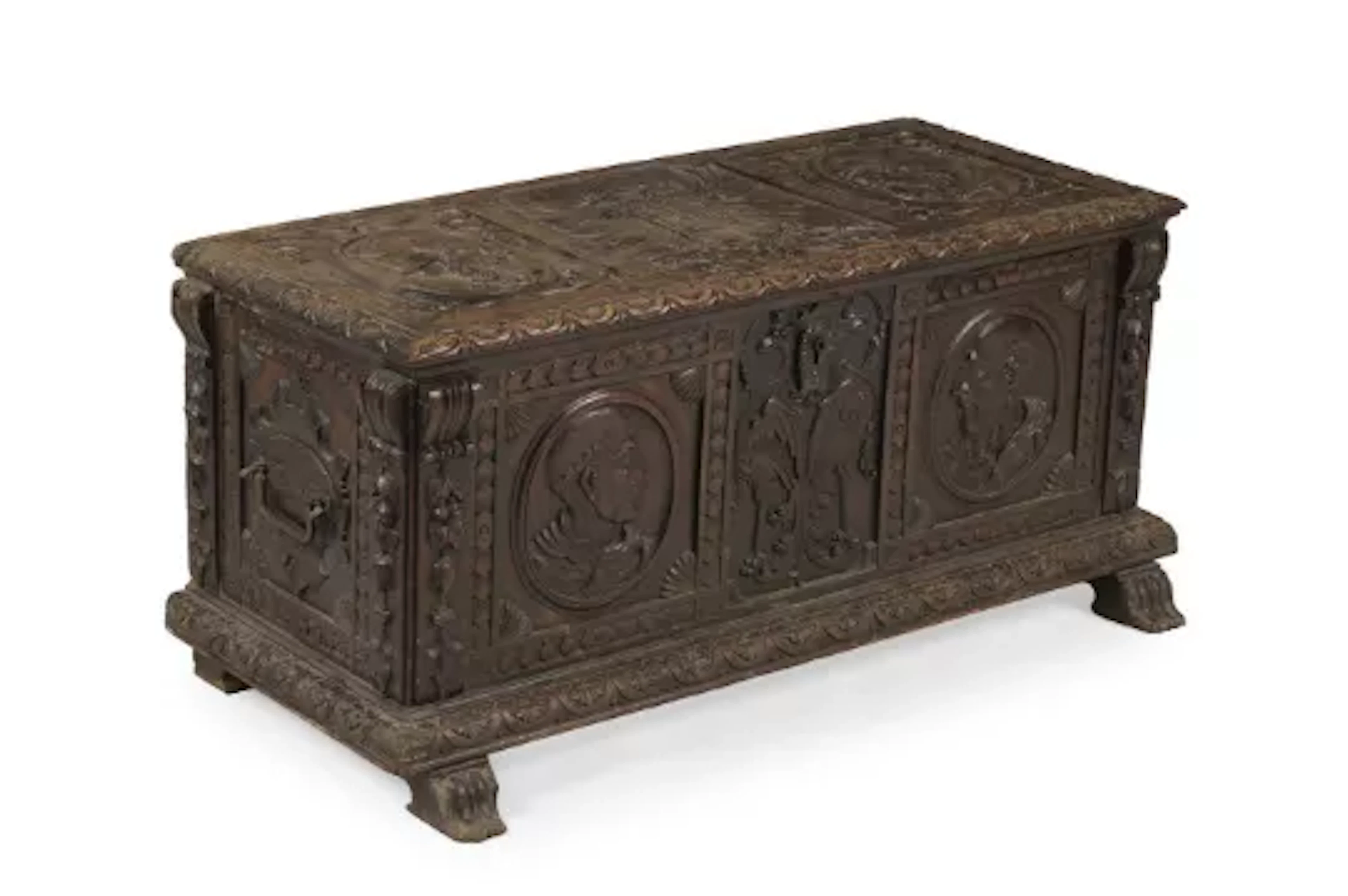 A NORTH ITALIAN CARVED WALNUT CASSONE, PROBABLY HAPSBURG, LATE 16TH