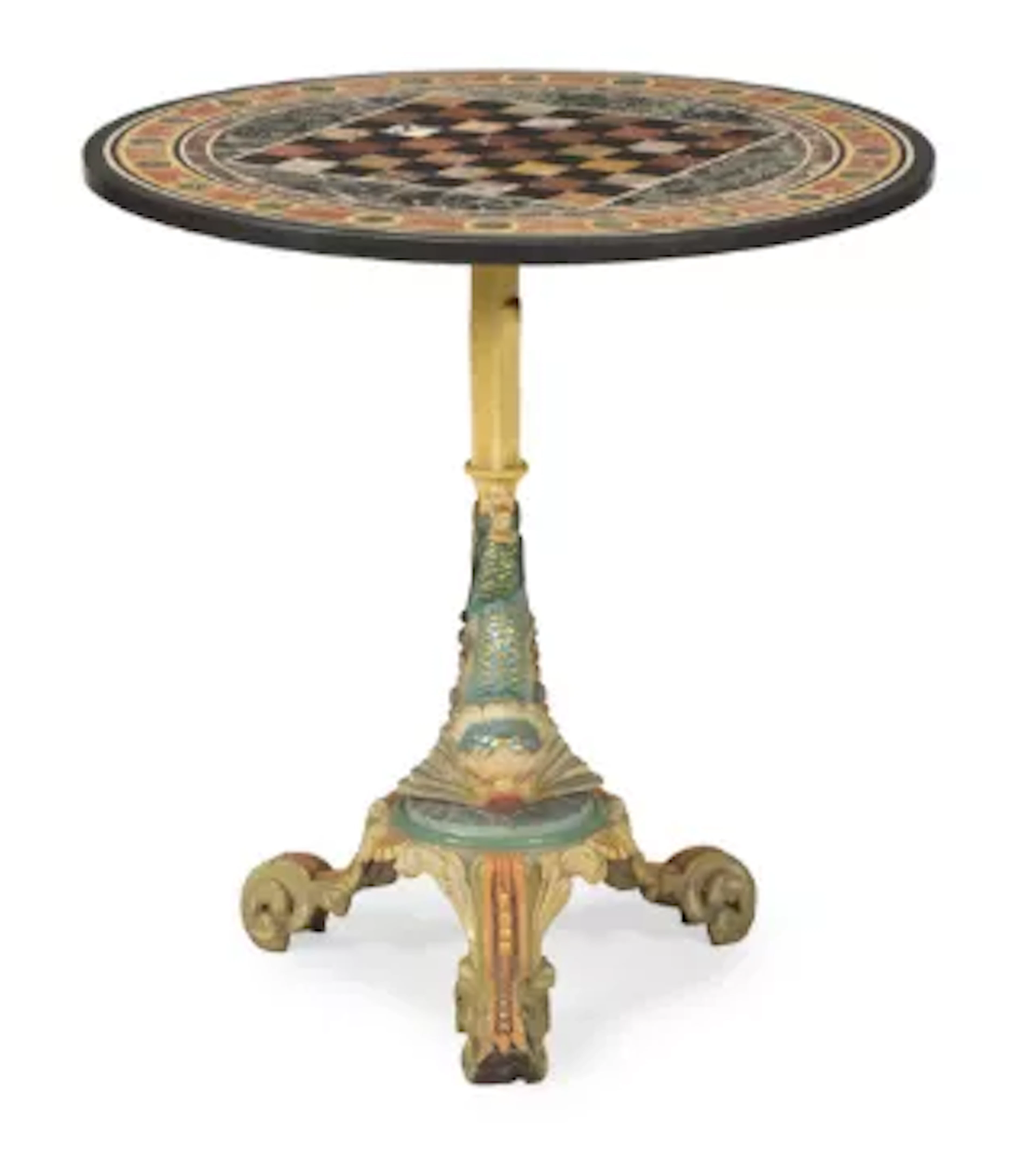 AN ITALIAN SPECIMEN MARBLE TOP ON A CAST IRON AND POLYCHROME PAINTED
