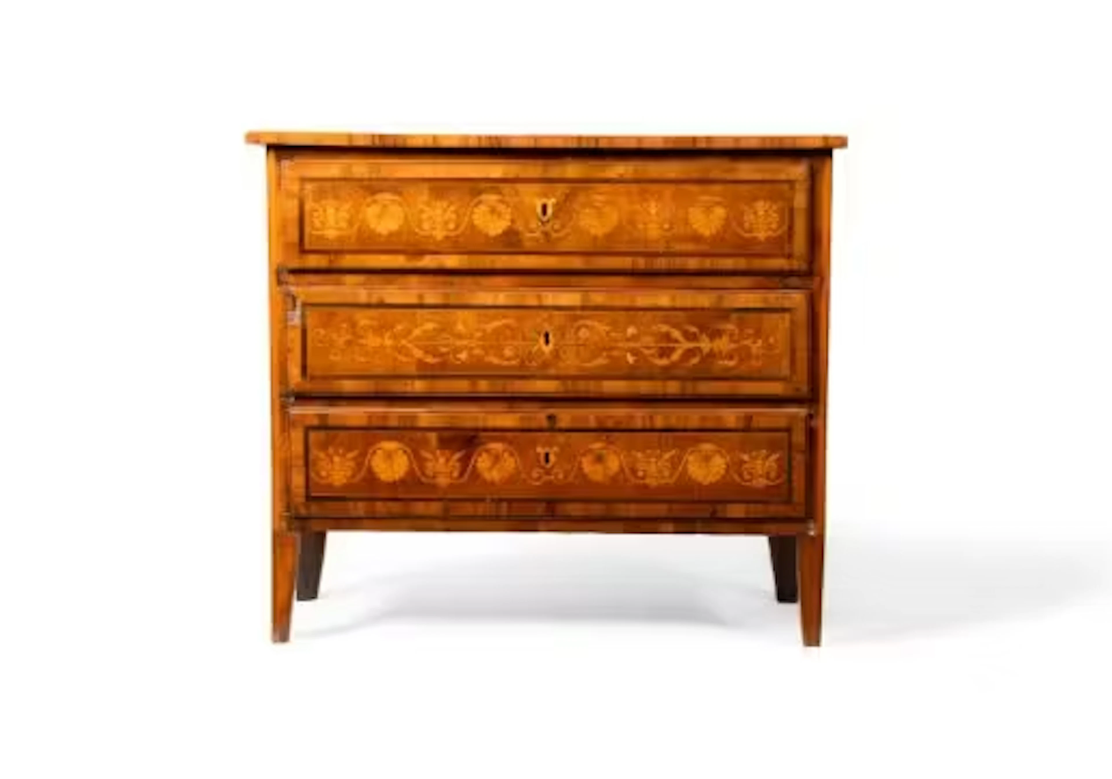 A NEO-CLASSICAL WALNUT, FRUITWOOD AND MARQUETRY COMMODE, NORTH ITALIAN