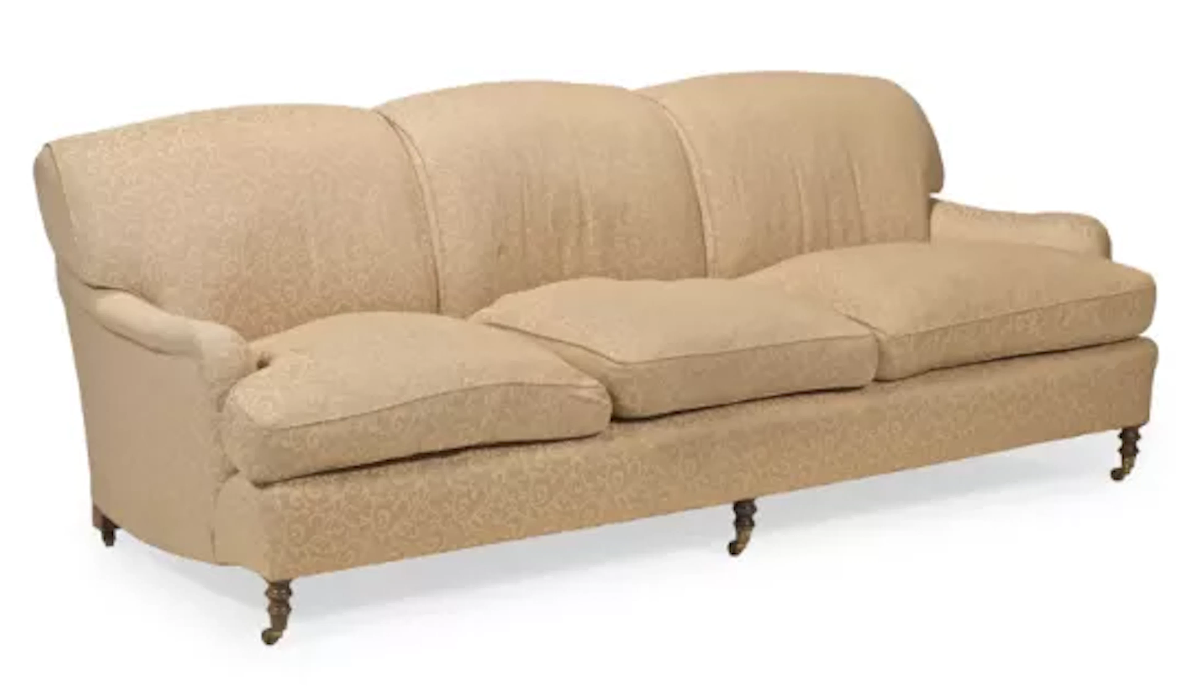 A TRADITIONAL BEECH FRAMED THREE SEATER SOFA, POSSIBLY BY GEORGE SMITH, MODERN