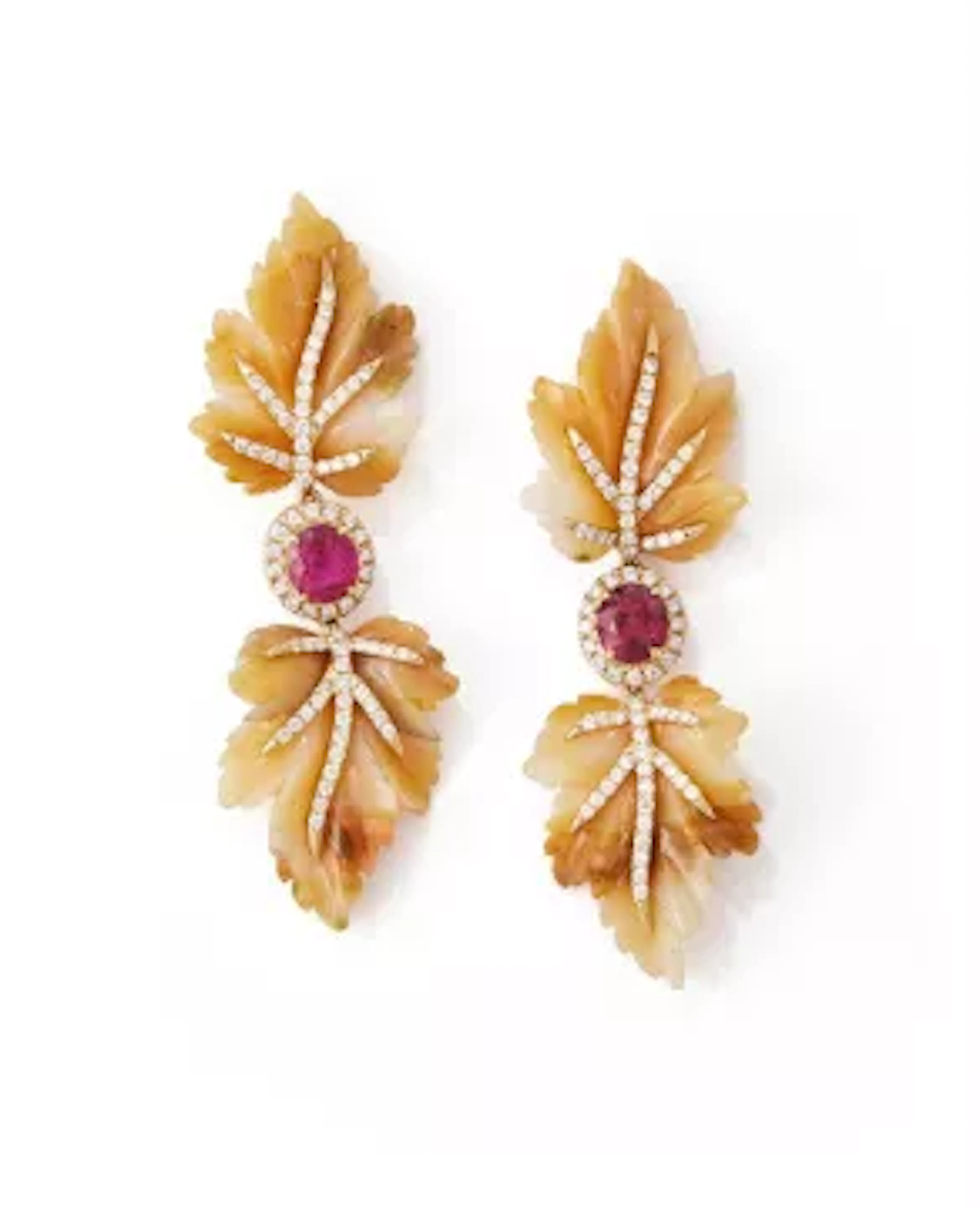 A PAIR OF JASPER, RUBY AND DIAMOND EARRINGS