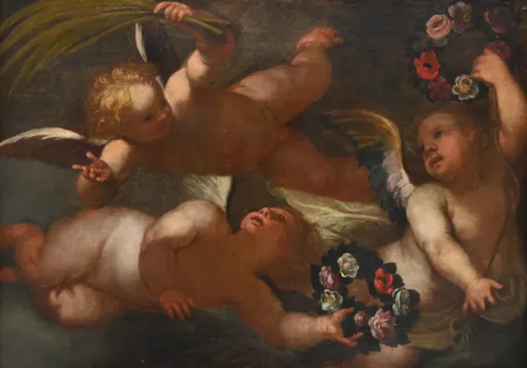 ITALIAN SCHOOL (17TH CENTURY), PUTTI WITH GARLANDS AND PALMS
