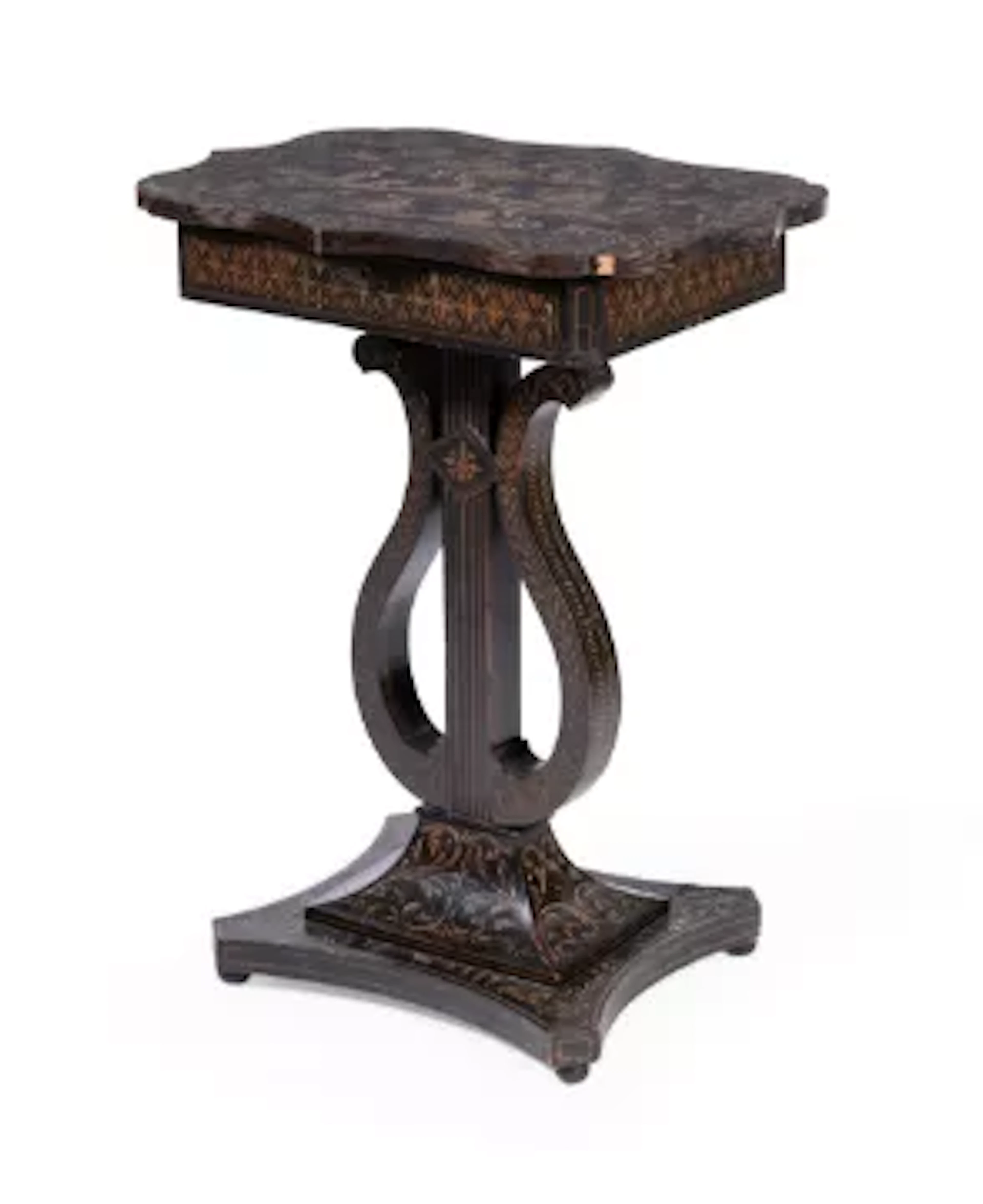 A NAPOLEAN III FLORAL PAINTED AND EBONISED SEWING TABLE, MID 19TH CENTURY