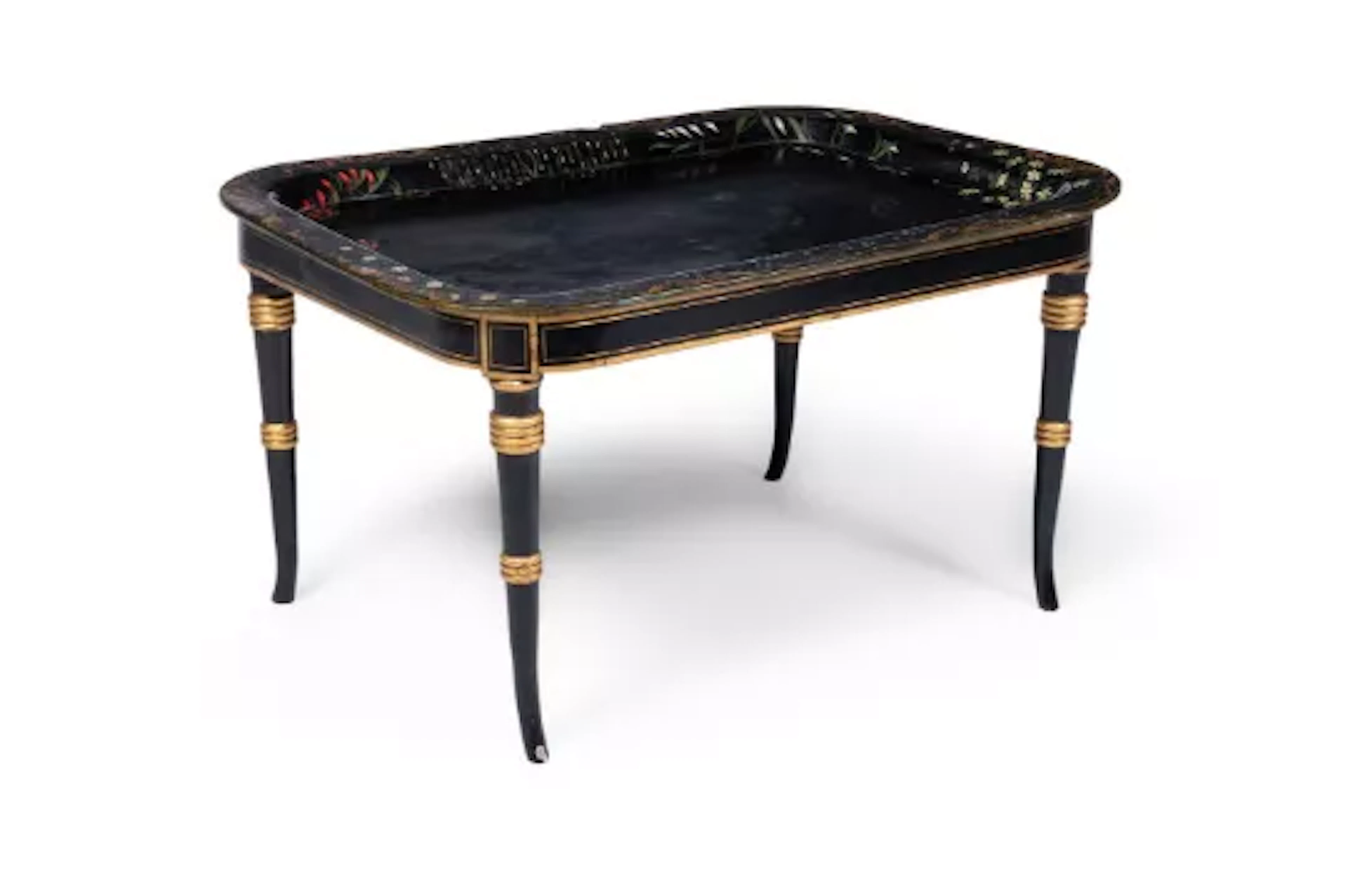 A VICTORIAN BLACK, POLYCHROME AND GILT DECORATED PAPIER MACHE TRAY
