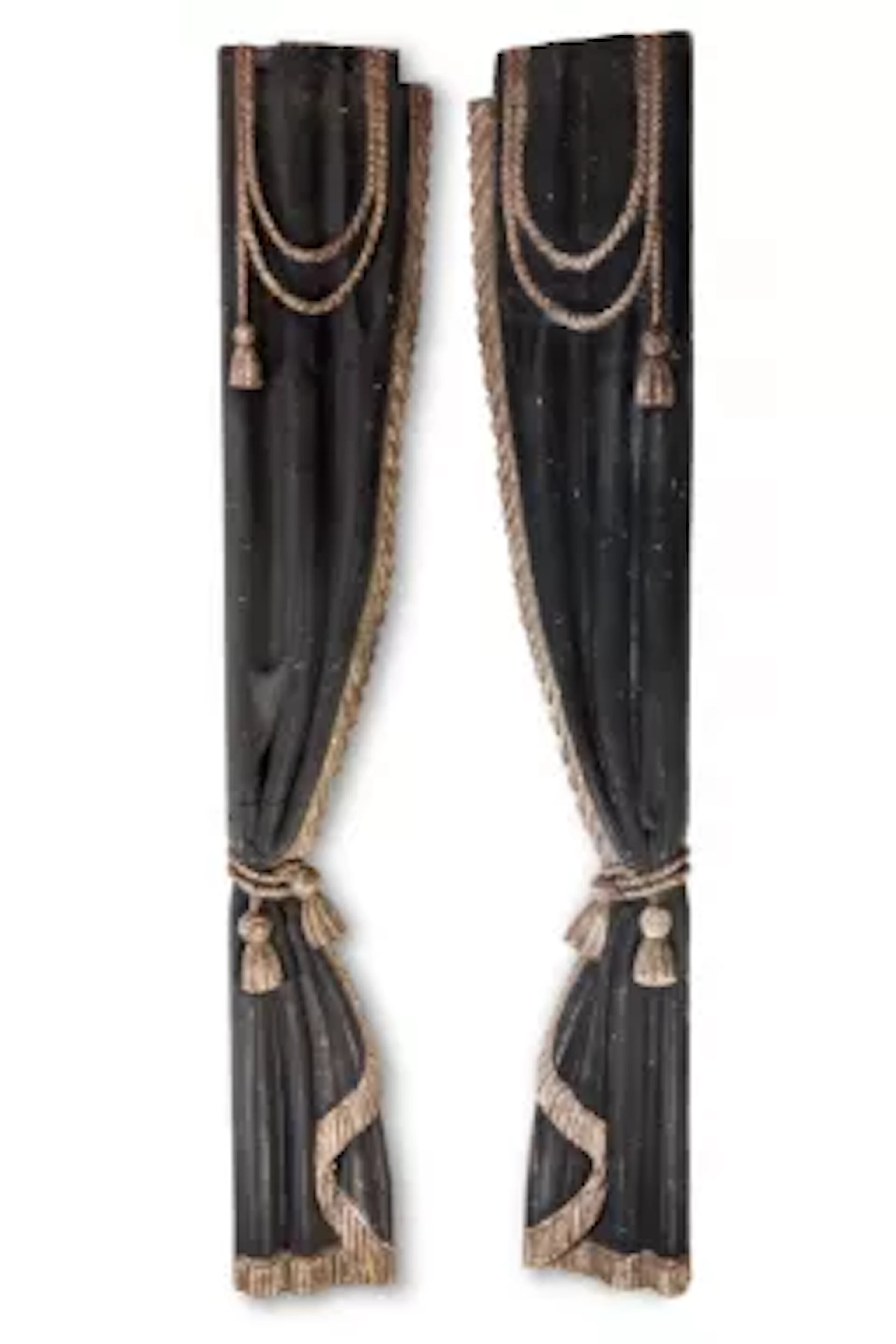 A LARGE PAIR OF SILVERED AND BLACK PAINTED CARVED WOOD FAUX THEATRE