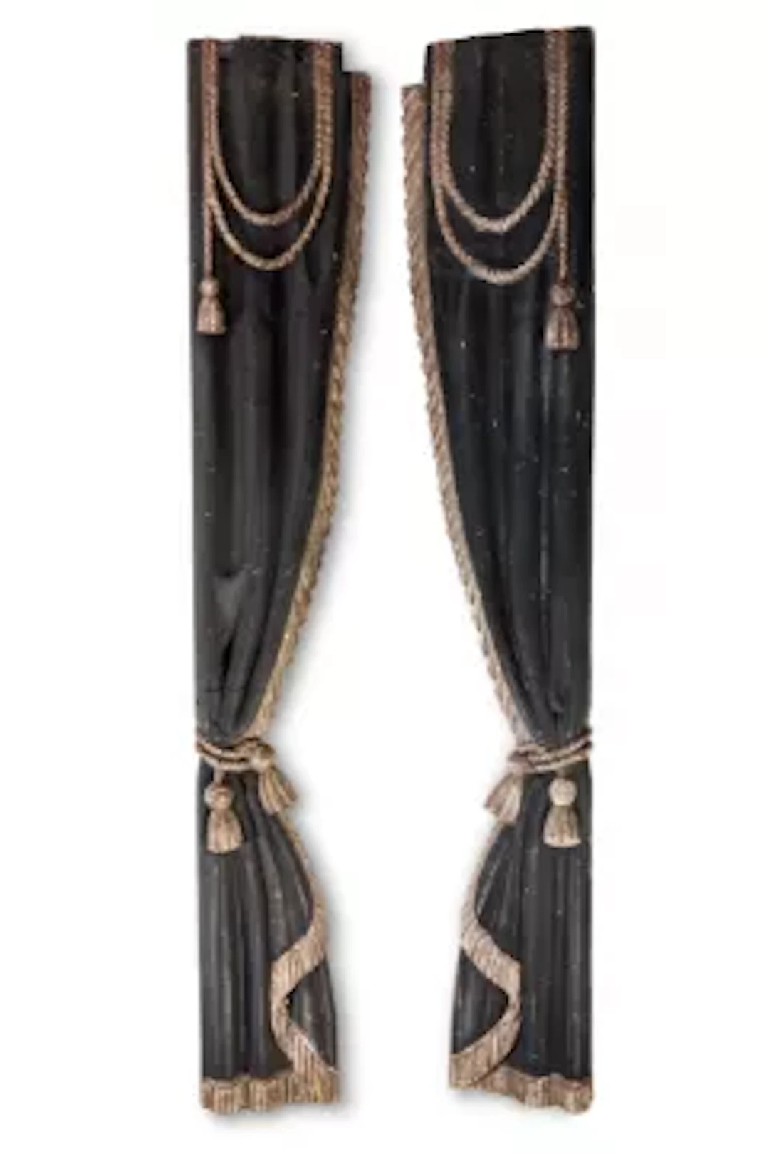 A LARGE PAIR OF SILVERED AND BLACK PAINTED CARVED WOOD FAUX THEATRE