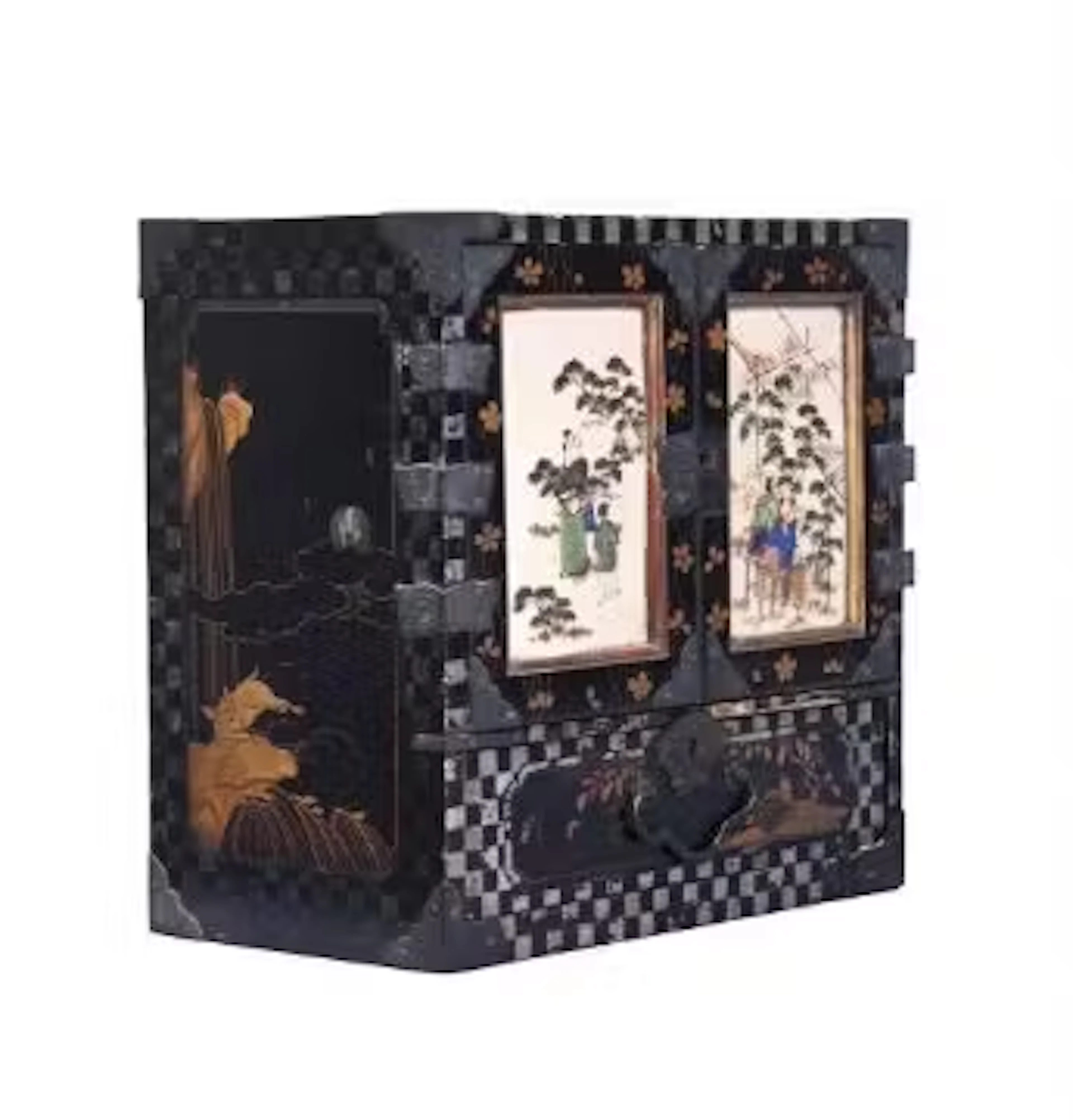 A JAPANESE BLACK, SILVER AND GILT LACQUER TABLE CABINET OR KODANSU