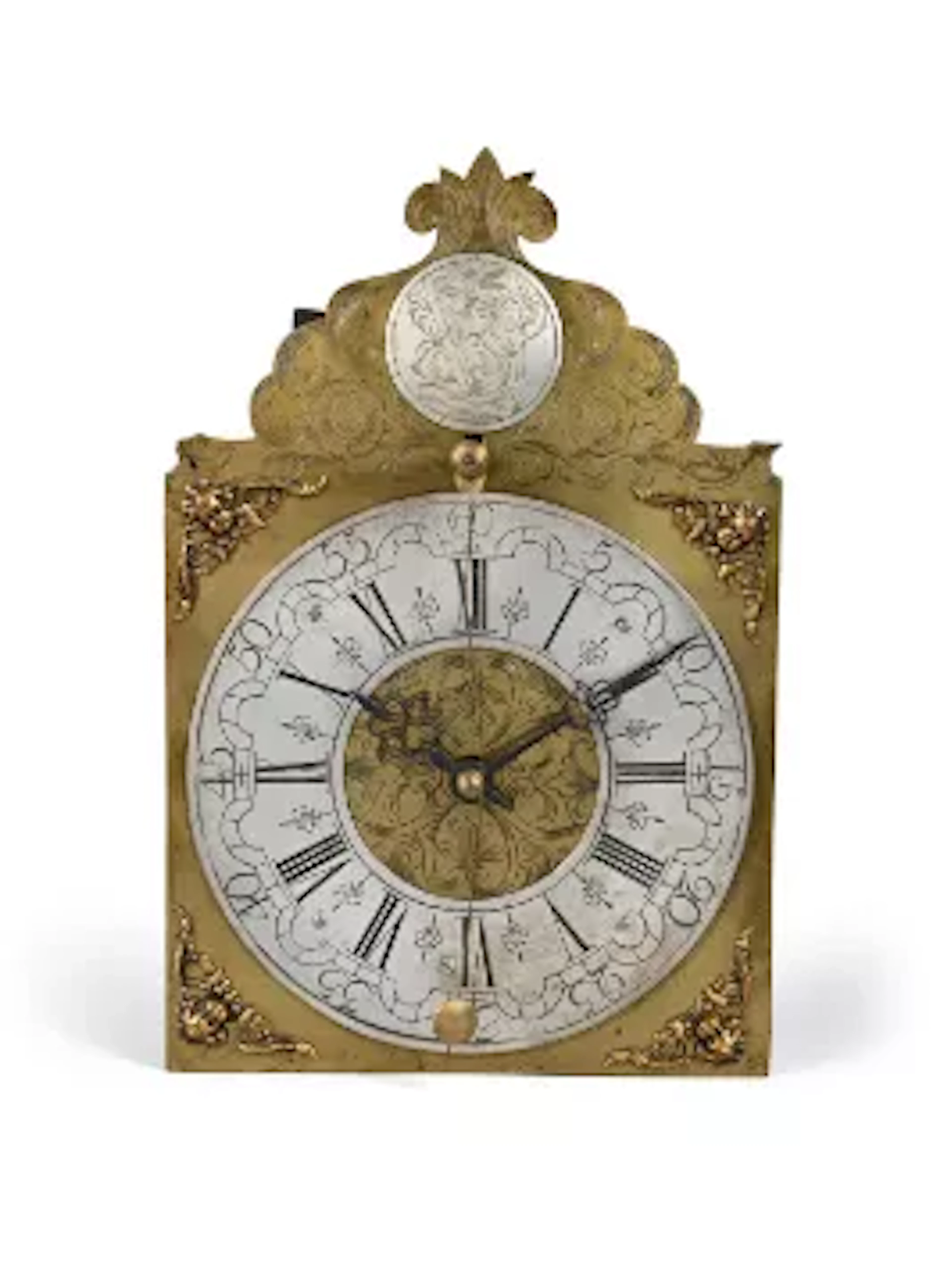 A GERMAN IRON-FRAMED WEIGHT-DRIVEN CHAMBER CLOCK WITH BRASS DIAL
