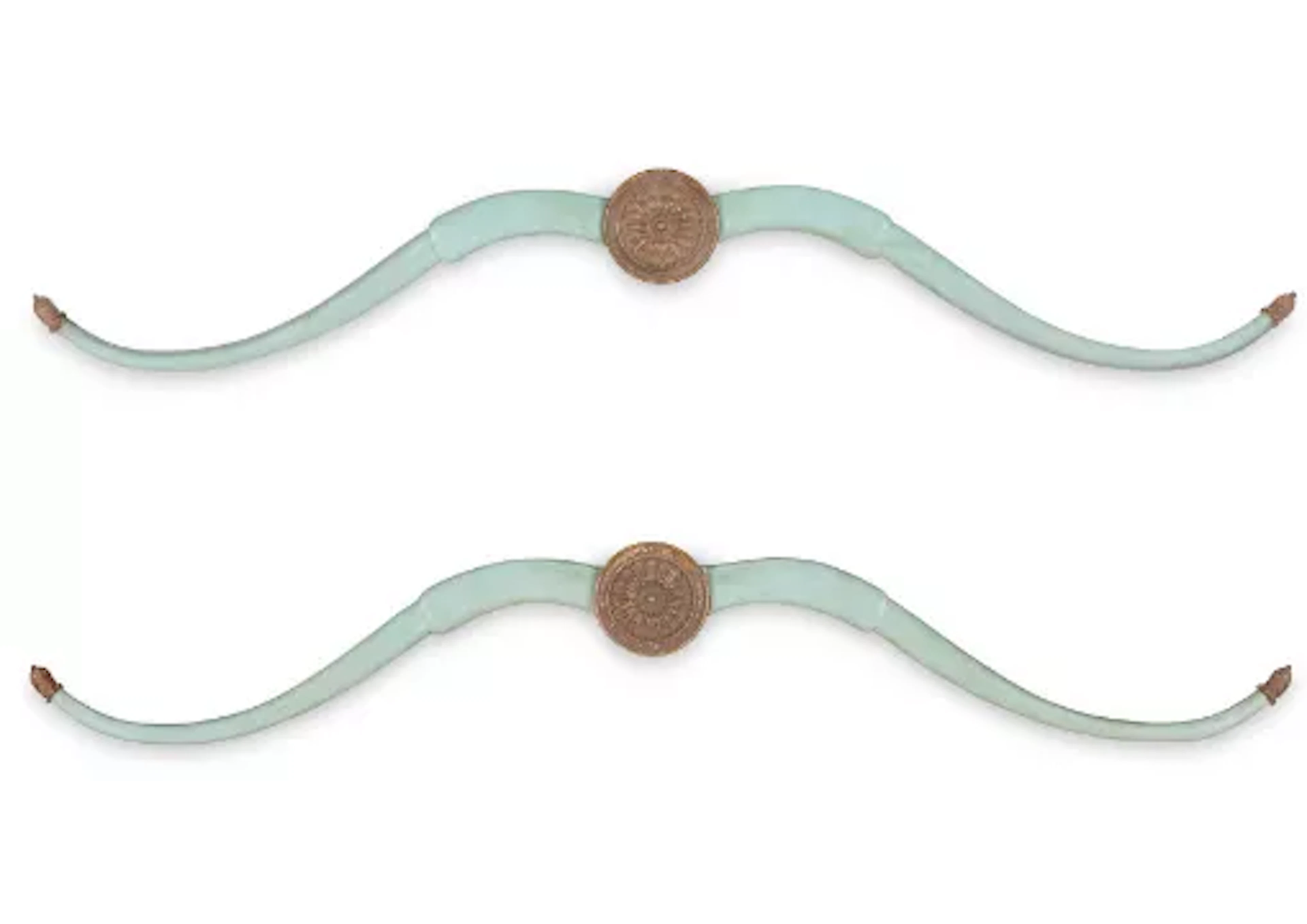 A PAIR OF PALE BLUE PAINTED AND PARCEL GILT `CUPID'S BOW' PELMETS, 20TH CENTURY