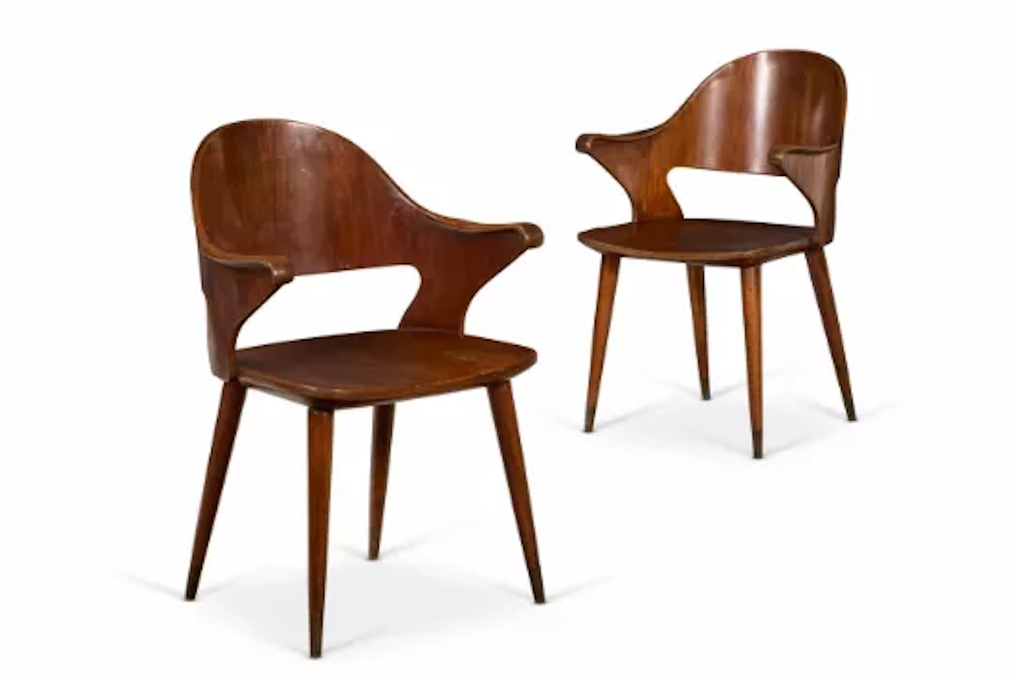 A PAIR OF HARDWOOD AND LAMINATE DESK CHAIRS, INDIAN, MID 20TH CENTURY